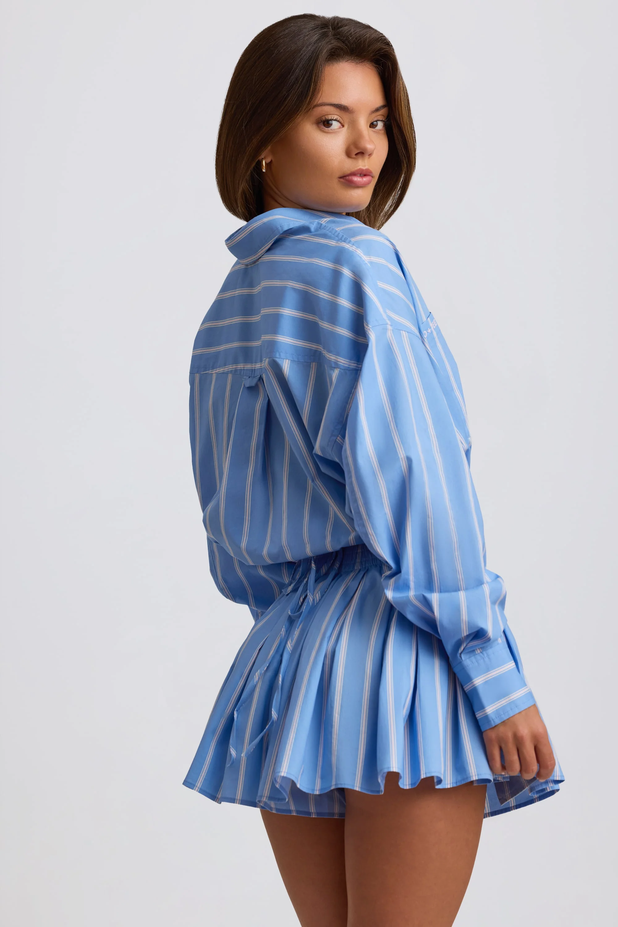 Cotton Poplin Stripe Multiway Cropped Shirt in Blue Stripe - Image 3