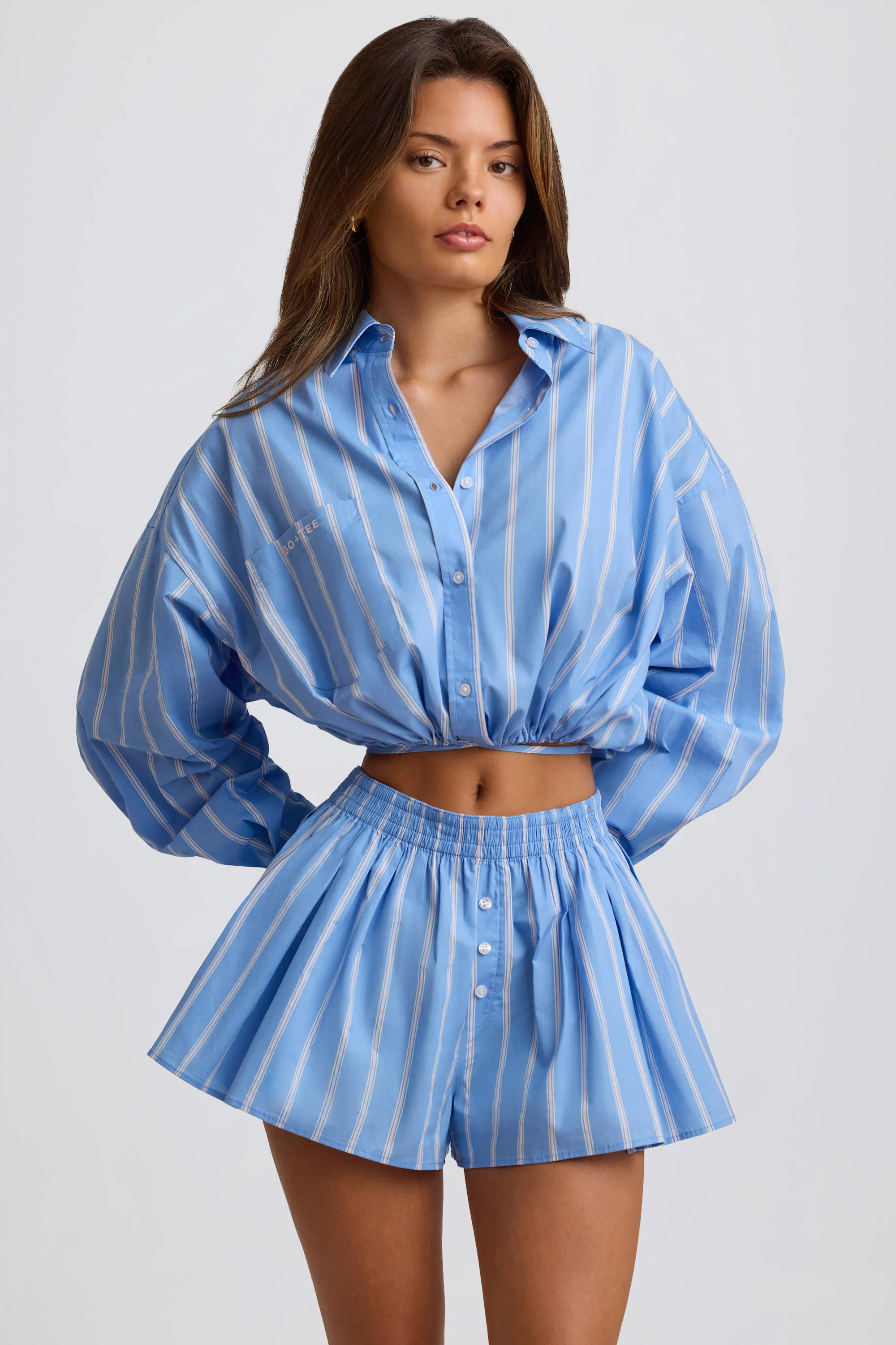 Cotton Poplin Stripe Multiway Cropped Shirt in Blue Stripe - Image 5