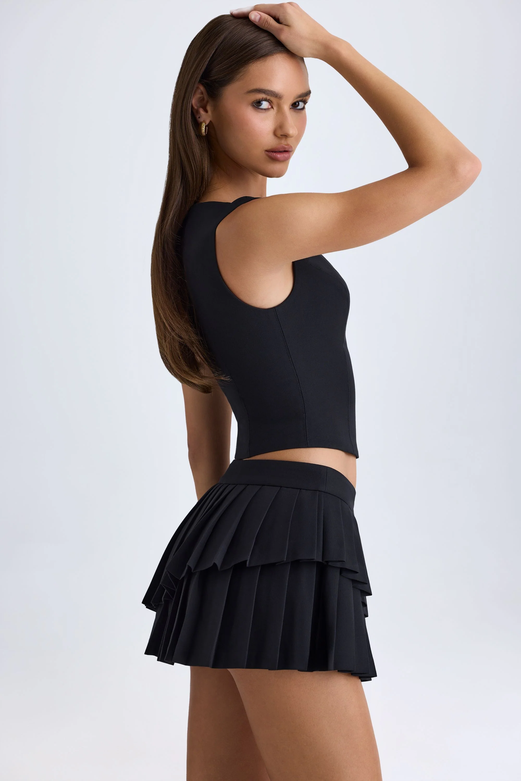 Layered Pleated Low-Rise Mini Skirt in Black - Image 4