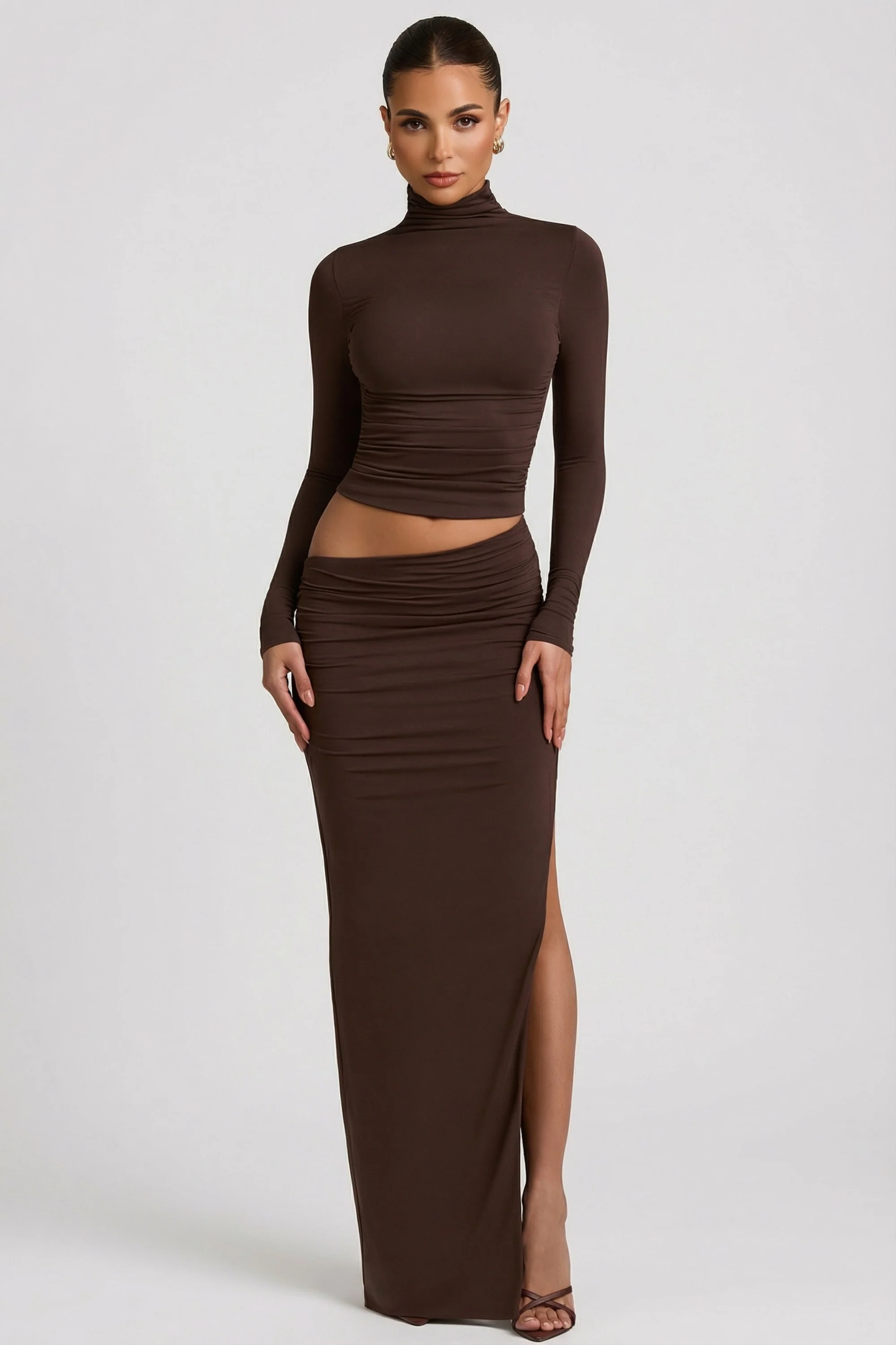 Modal Asymmetric-Waist Maxi Skirt in Chocolate Brown - Image 10