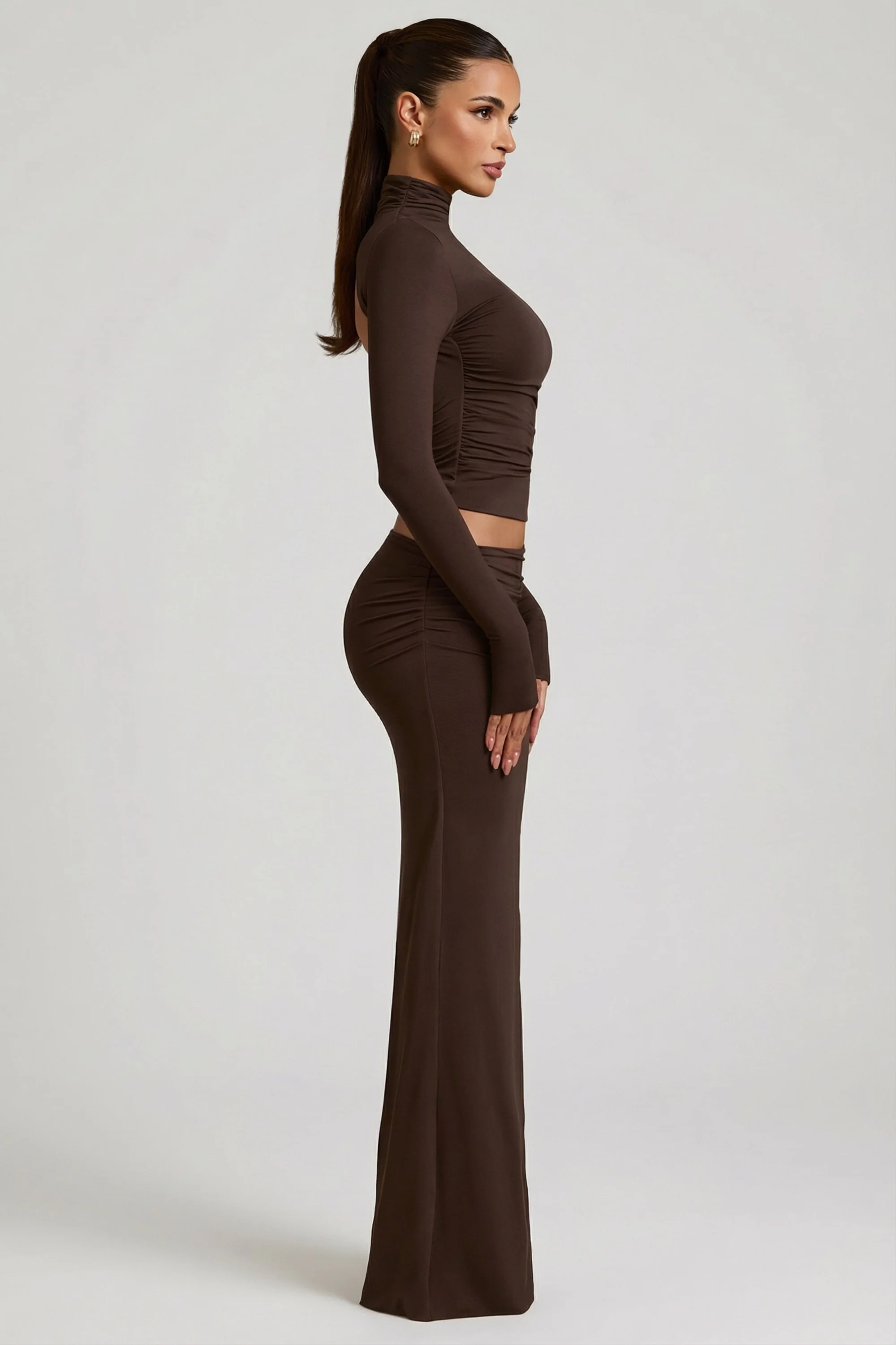 Modal Asymmetric-Waist Maxi Skirt in Chocolate Brown - Image 3