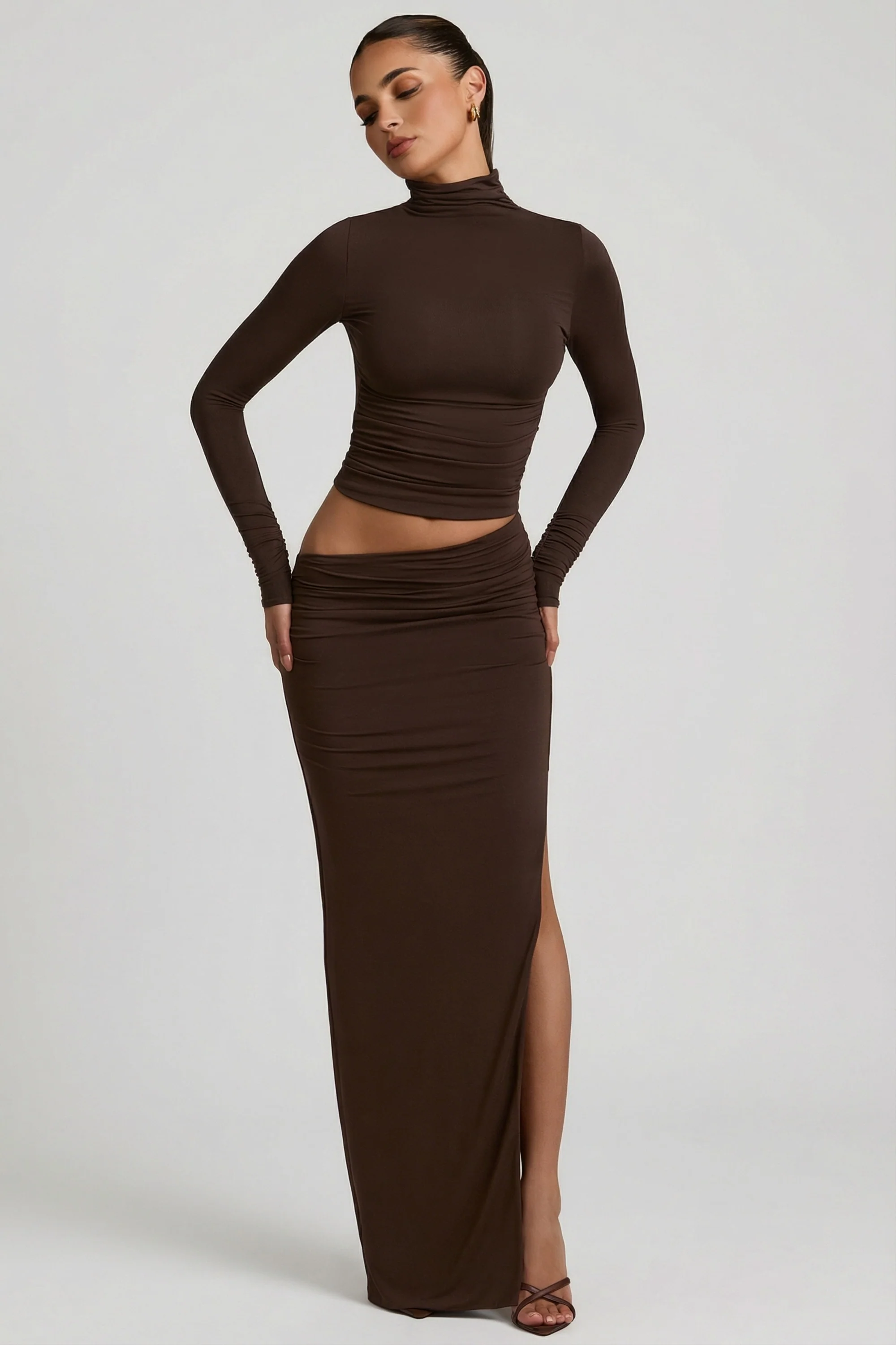 Modal Asymmetric-Waist Maxi Skirt in Chocolate Brown - Image 4