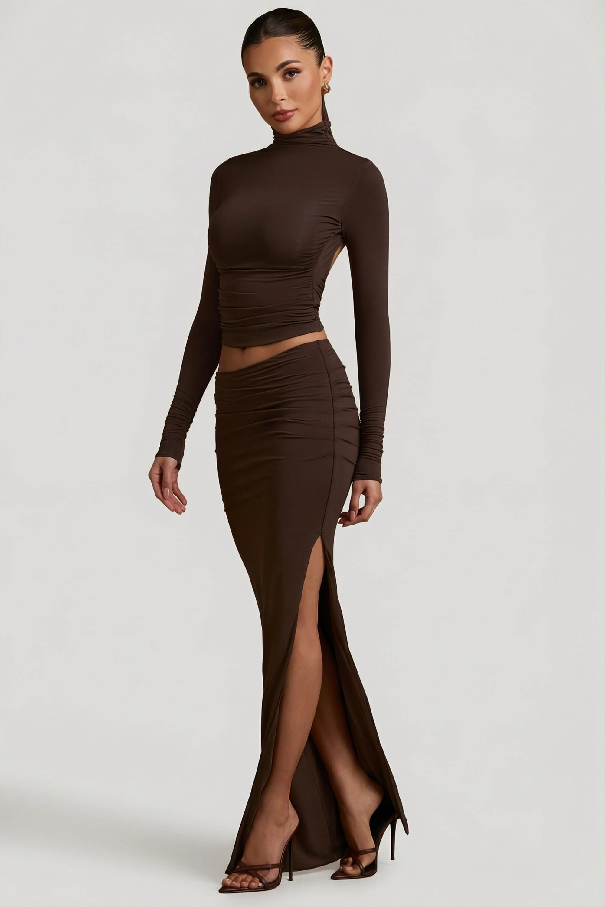 Modal Asymmetric-Waist Maxi Skirt in Chocolate Brown - Image 5