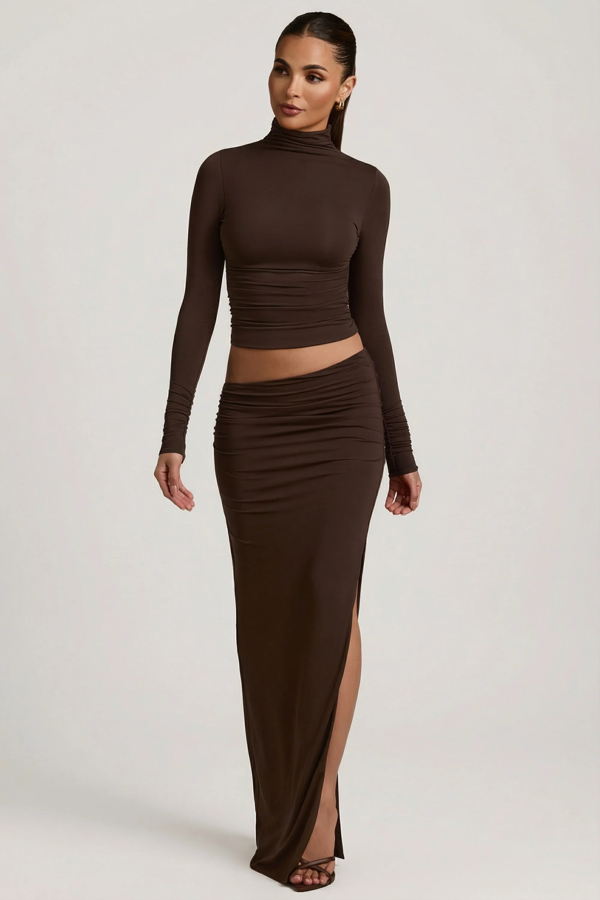 Modal Asymmetric-Waist Maxi Skirt in Chocolate Brown - Image 7