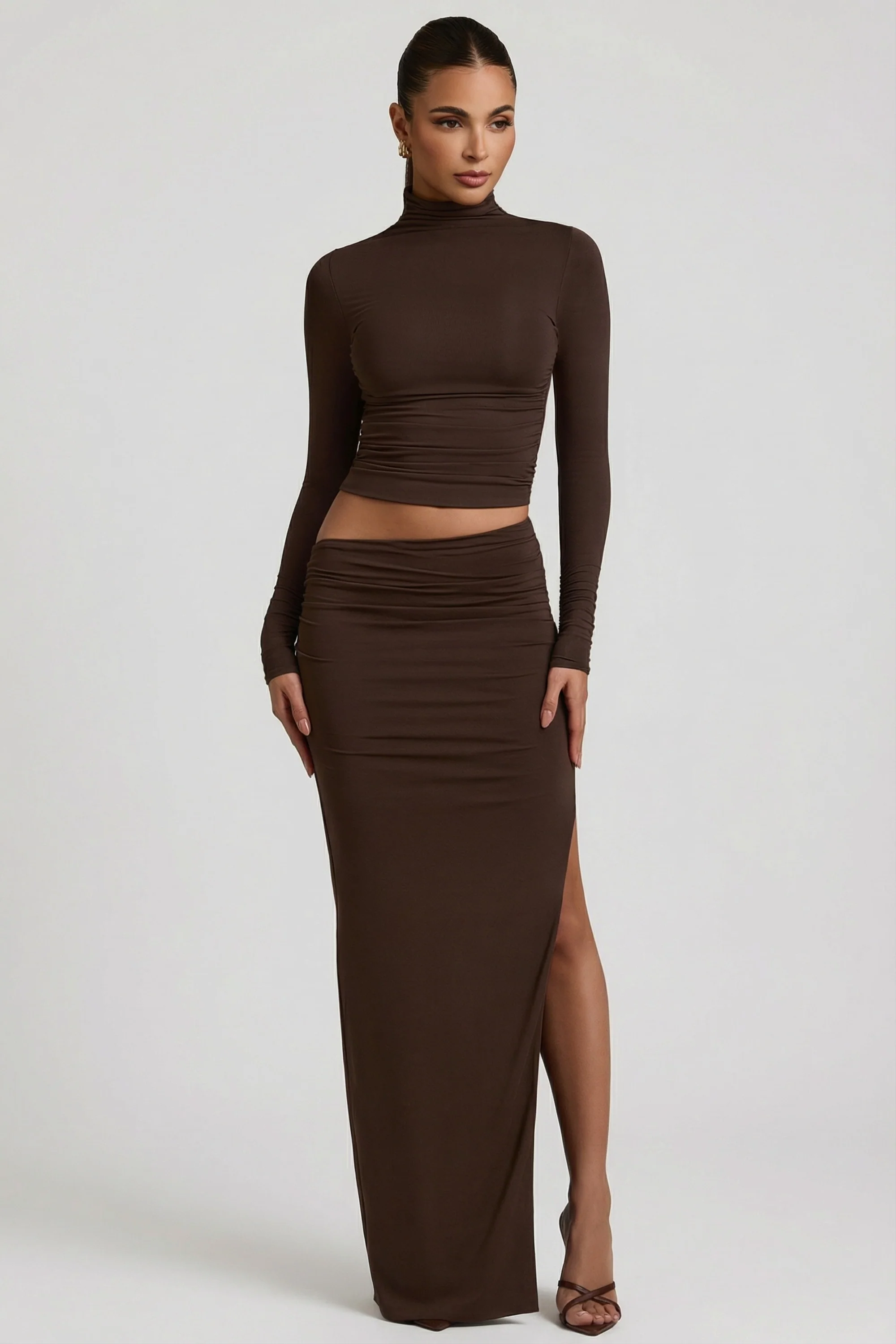 Modal Asymmetric-Waist Maxi Skirt in Chocolate Brown - Image 8