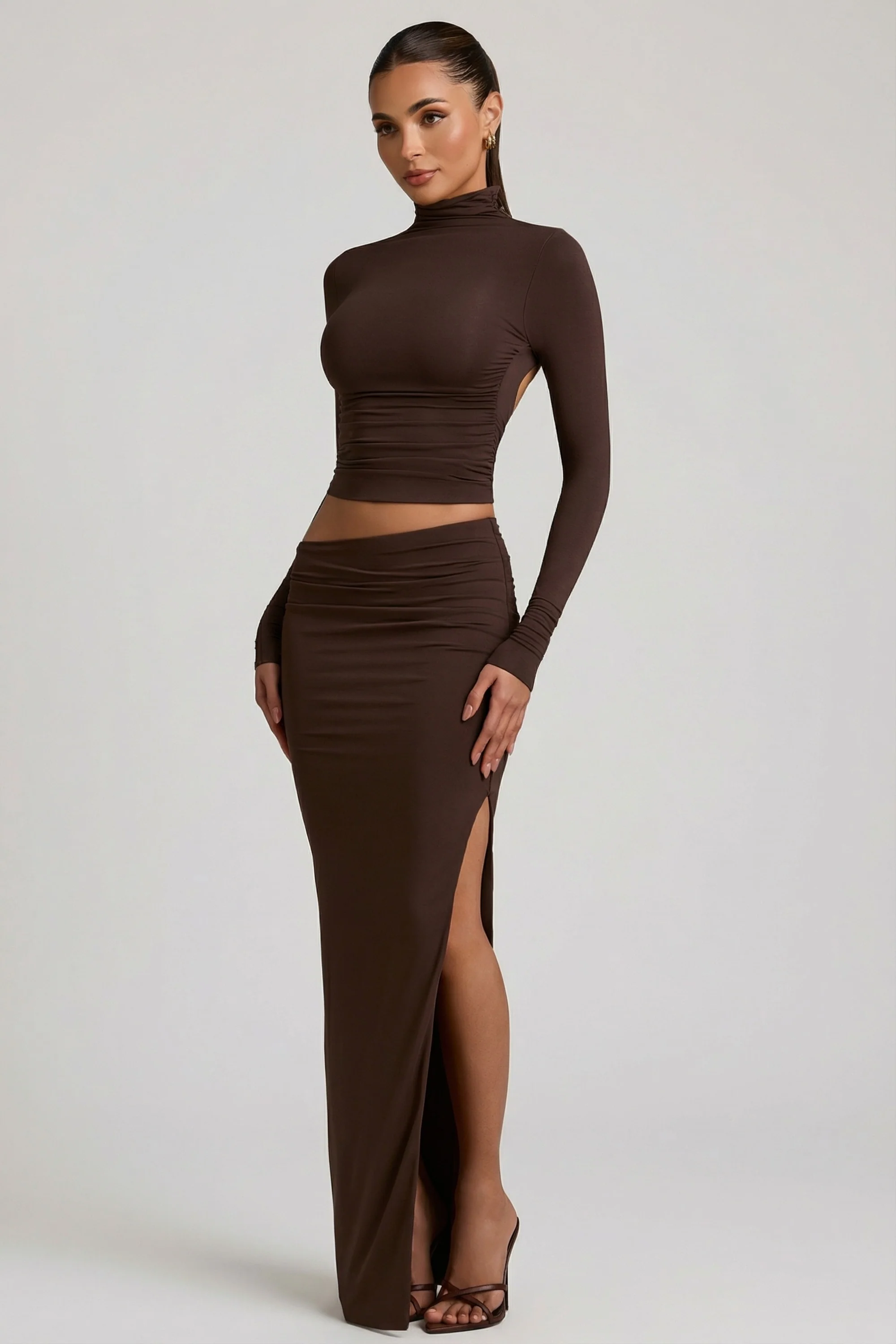 Modal Asymmetric-Waist Maxi Skirt in Chocolate Brown - Image 9