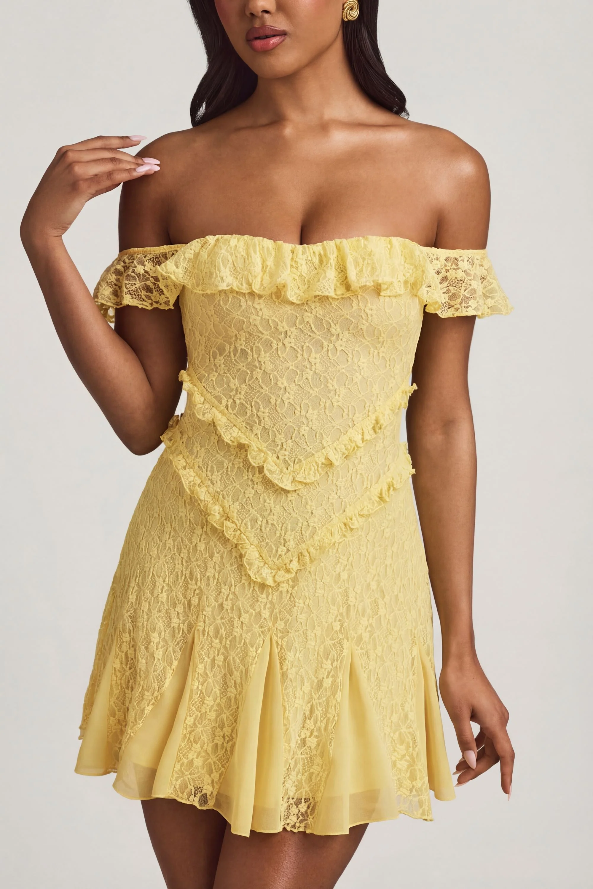Off-Shoulder Lace A-Line Mini Dress in Pastel Yellow - Image 4
