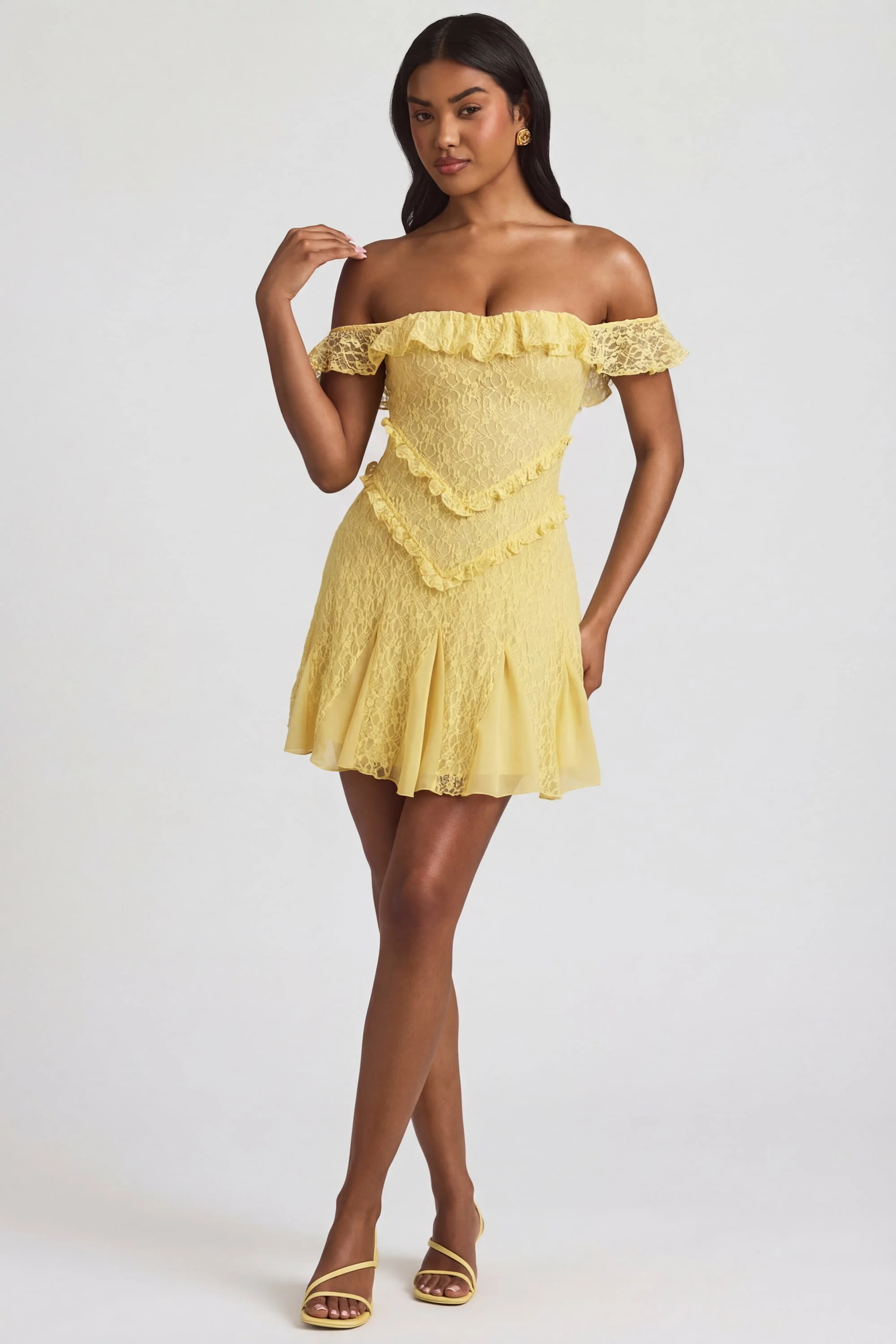 Off-Shoulder Lace A-Line Mini Dress in Pastel Yellow - Image 5