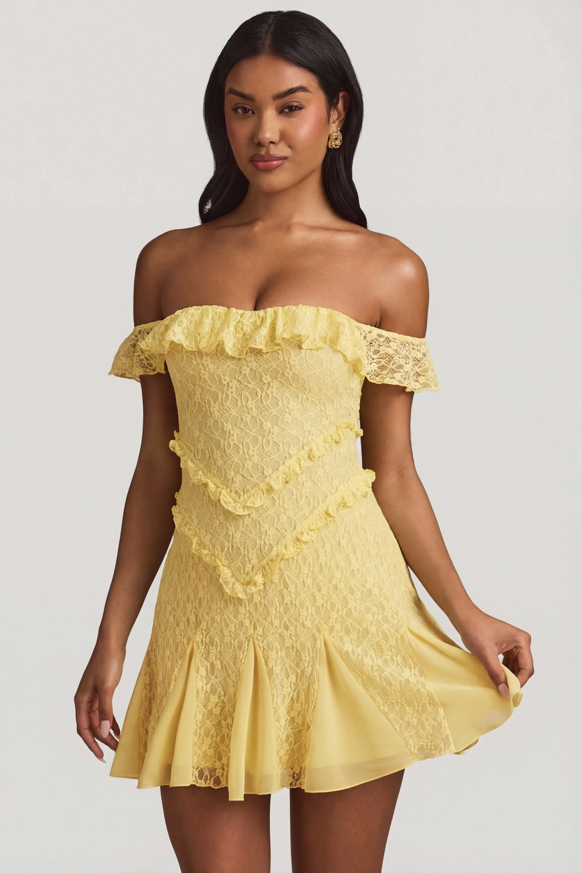 Off-Shoulder Lace A-Line Mini Dress in Pastel Yellow - Image 6
