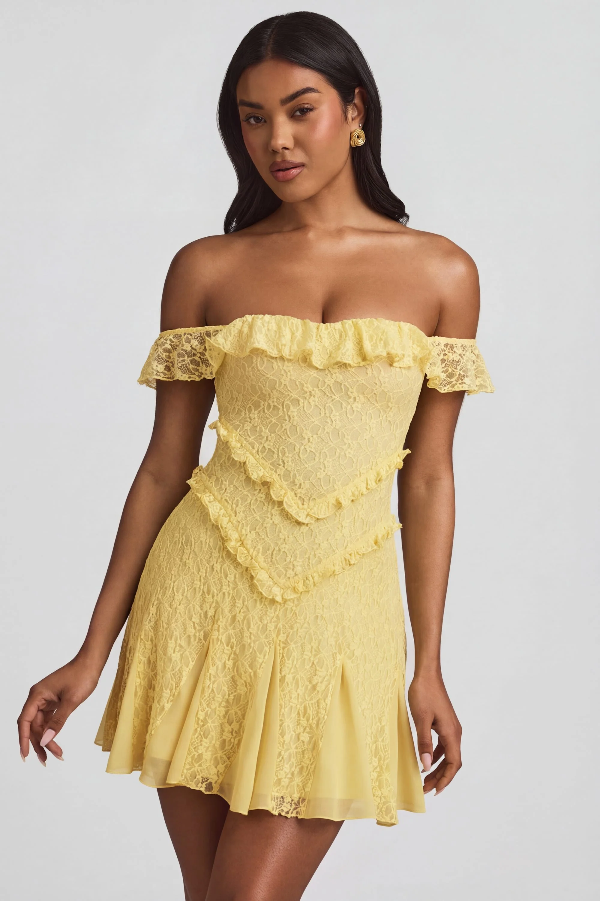 Off-Shoulder Lace A-Line Mini Dress in Pastel Yellow - Image 7