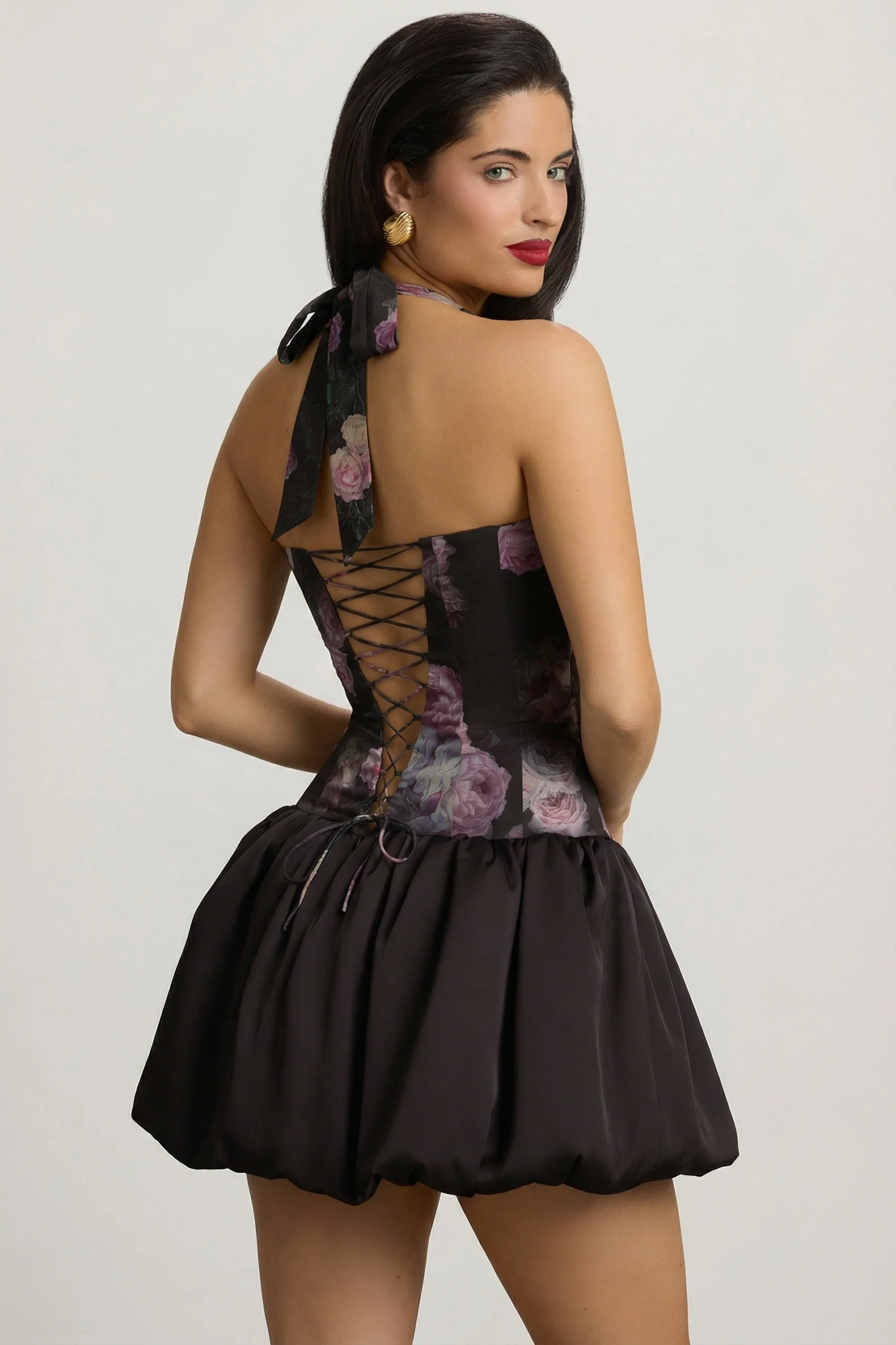 Halterneck Lace-Up Bubble Hem Mini Dress in Black Floral Print - Image 3
