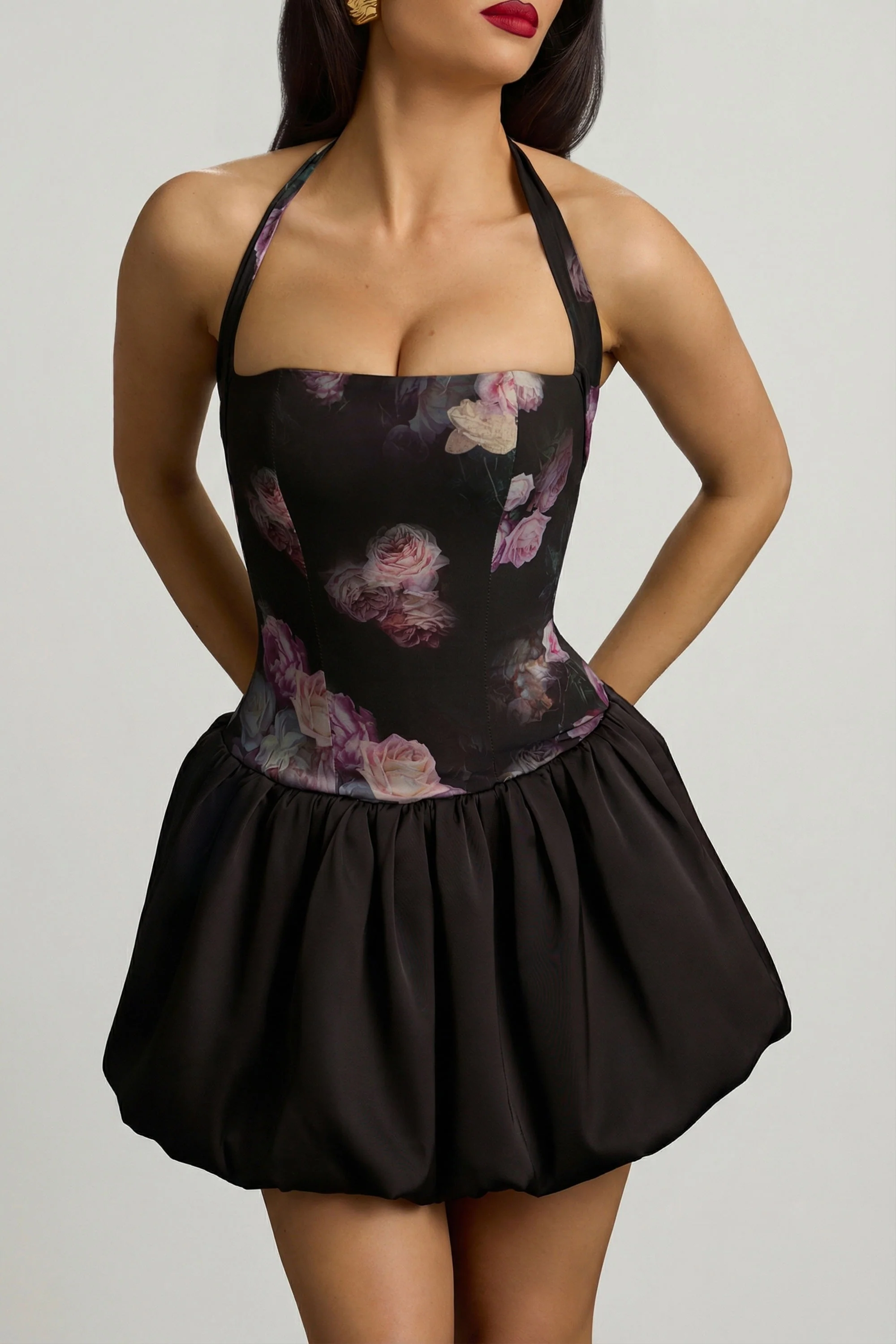 Halterneck Lace-Up Bubble Hem Mini Dress in Black Floral Print - Image 5