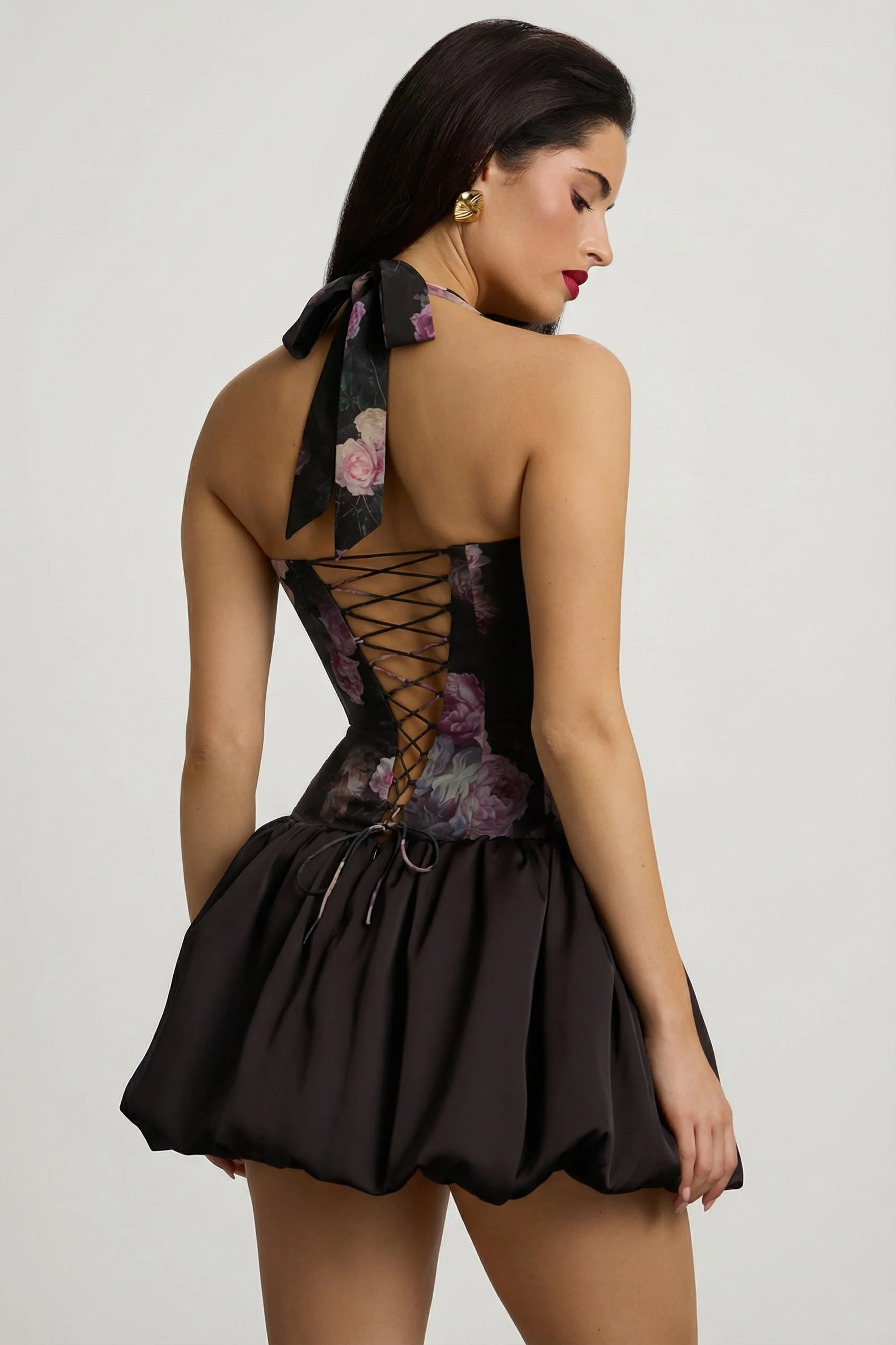 Halterneck Lace-Up Bubble Hem Mini Dress in Black Floral Print - Image 7