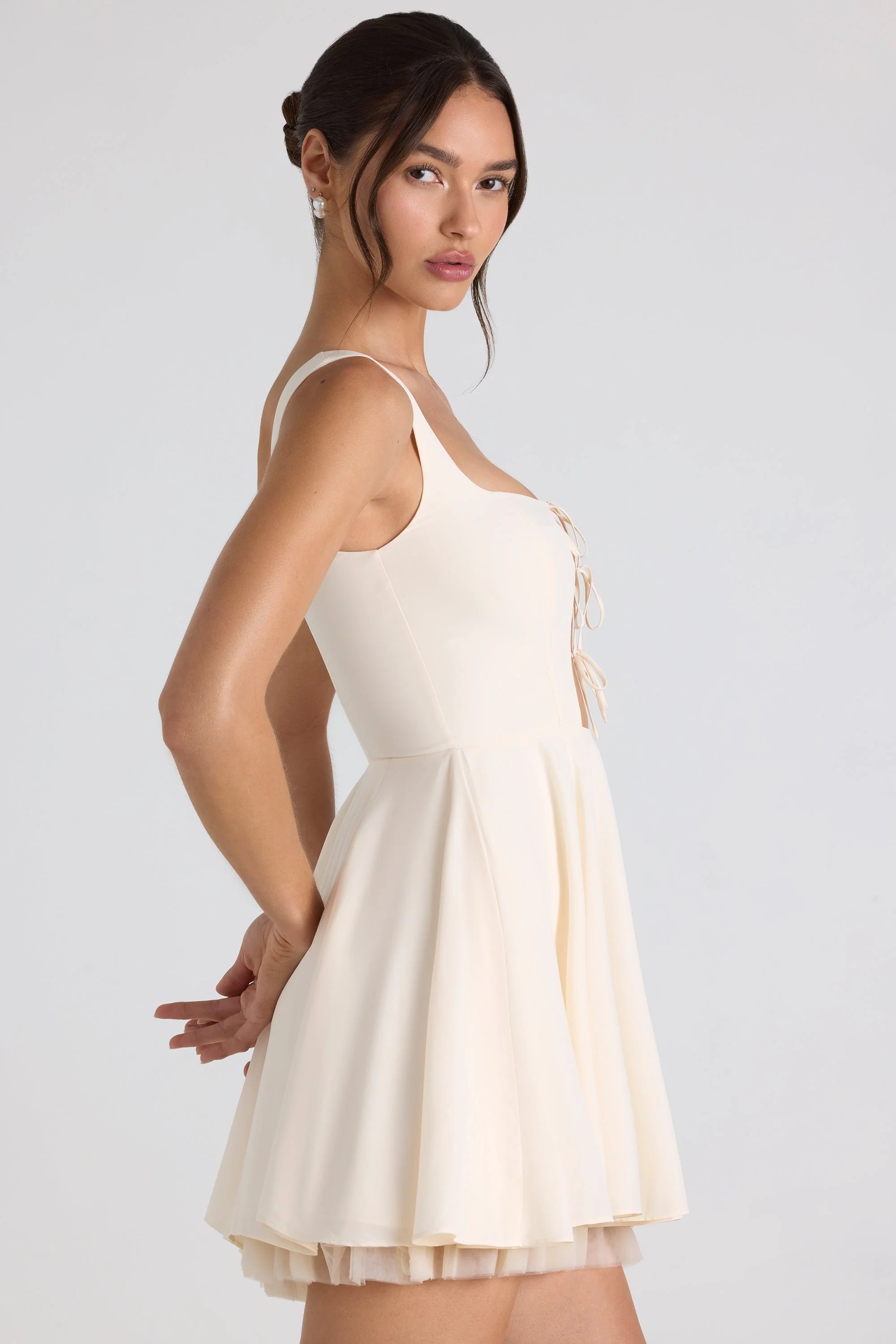 Tie-Detail A-Line Micro Mini Dress in Ivory - Image 3