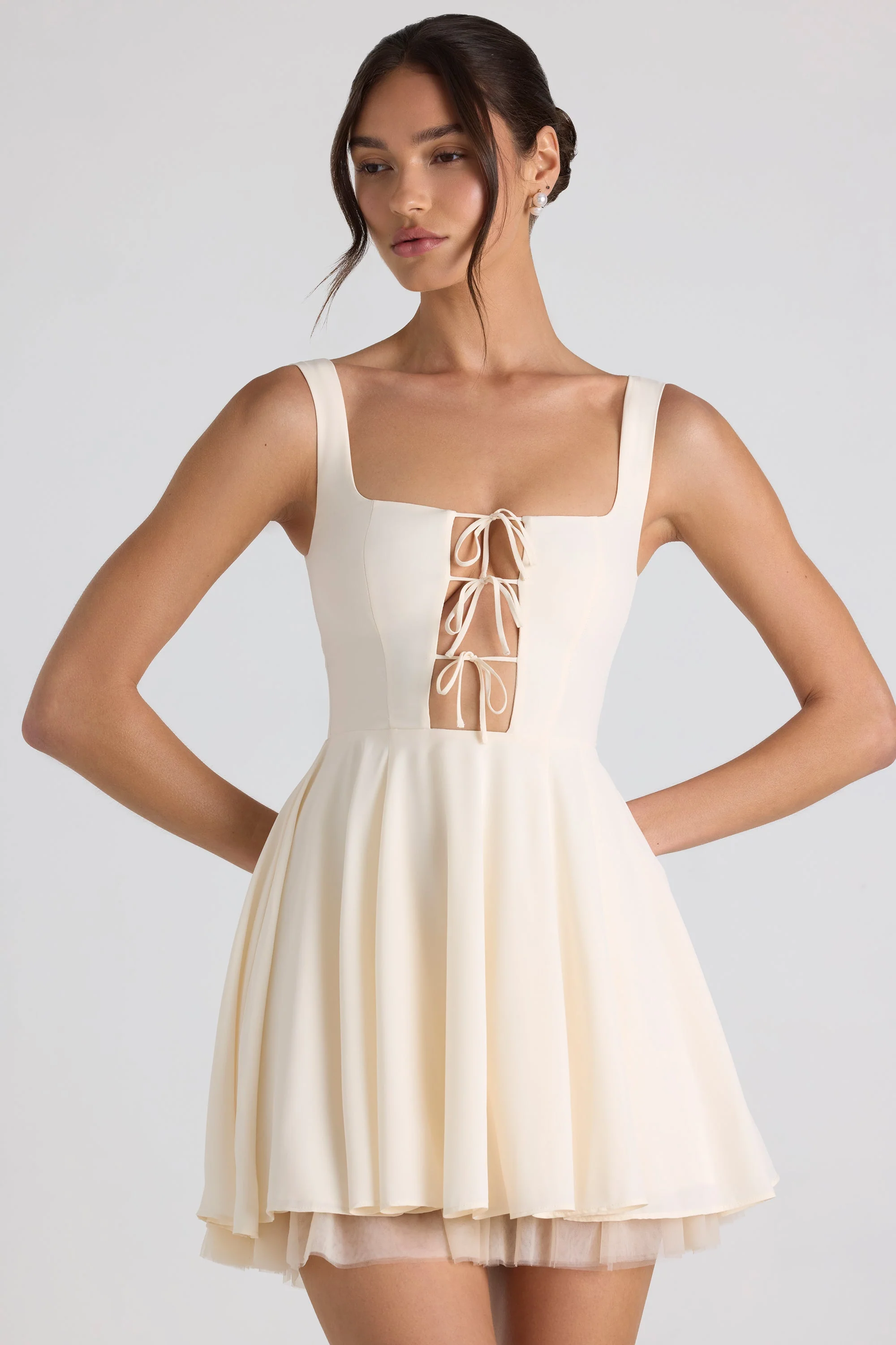 Tie-Detail A-Line Micro Mini Dress in Ivory - Image 4