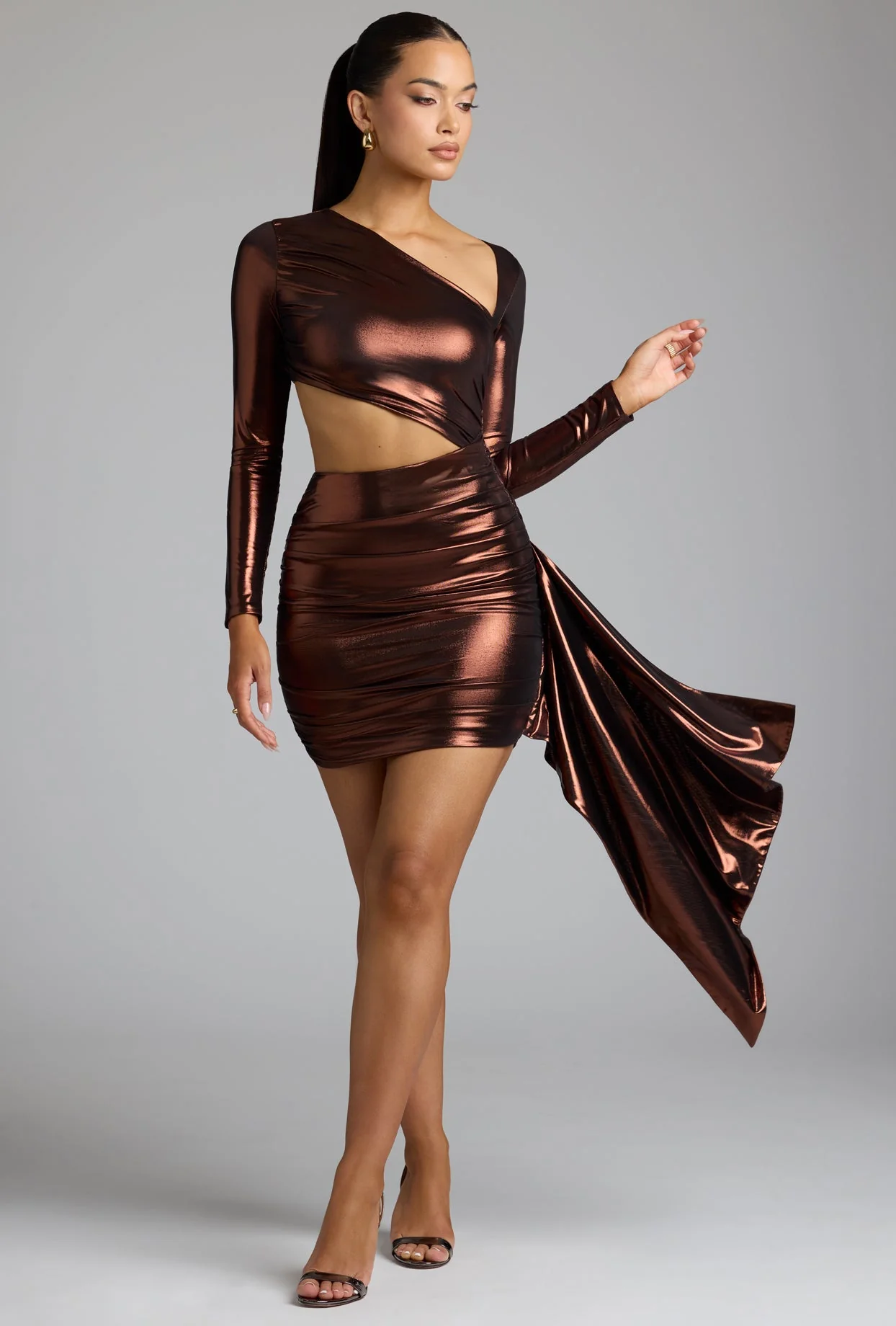 Cut Out Metallic Jersey Mini Dress in Copper Bronze - Image 6