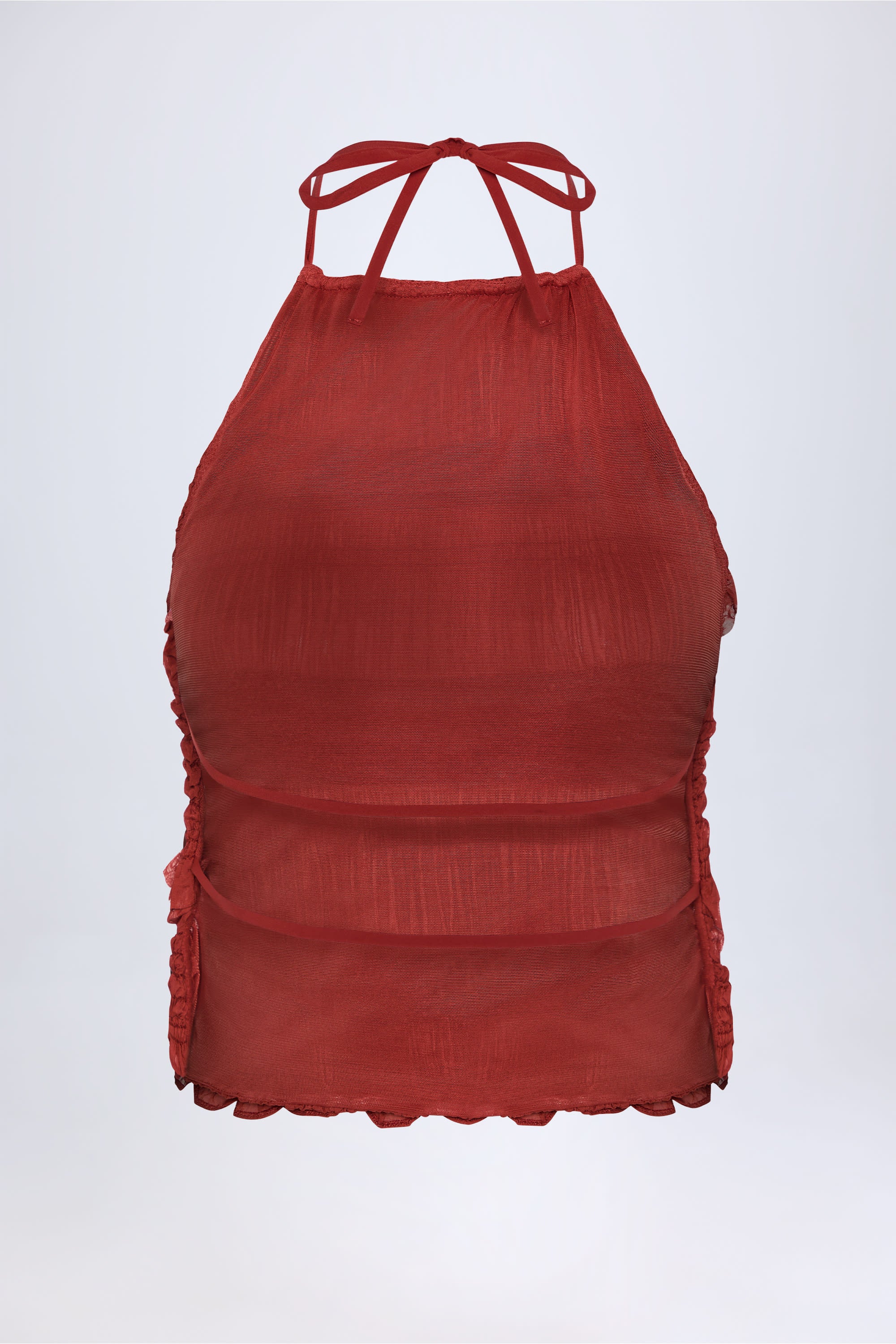 Ruffled High-Neck Backless Top in Burnt Red - Image 5