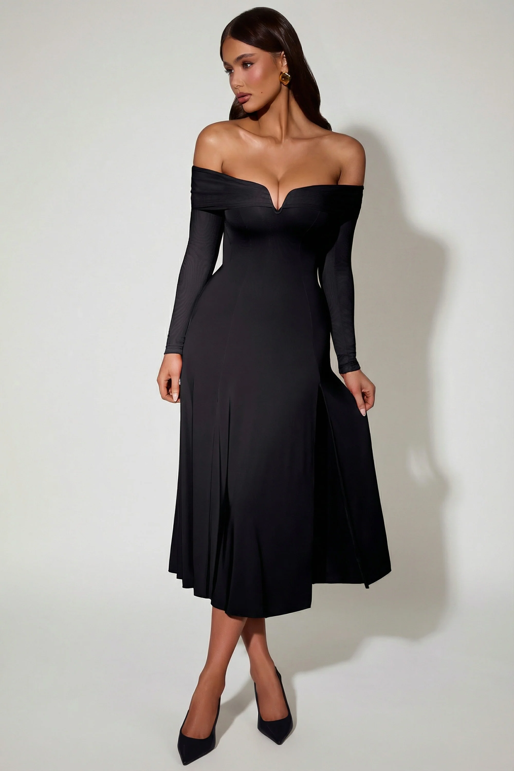 Off-Shoulder Lace-Up A-Line Midaxi Dress in Black - Image 8
