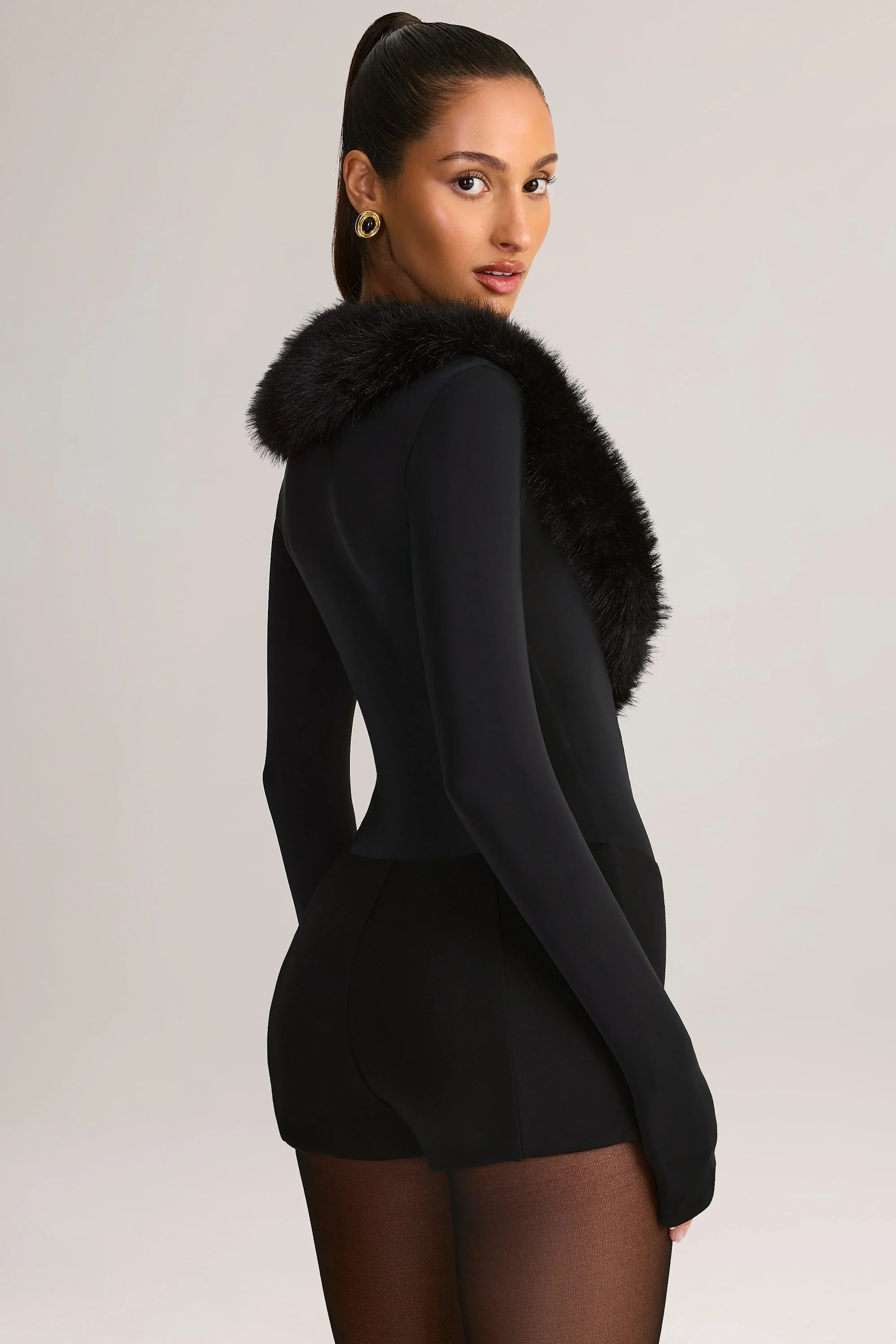 Faux Fur-Trim Corset Playsuit in Black - Image 5