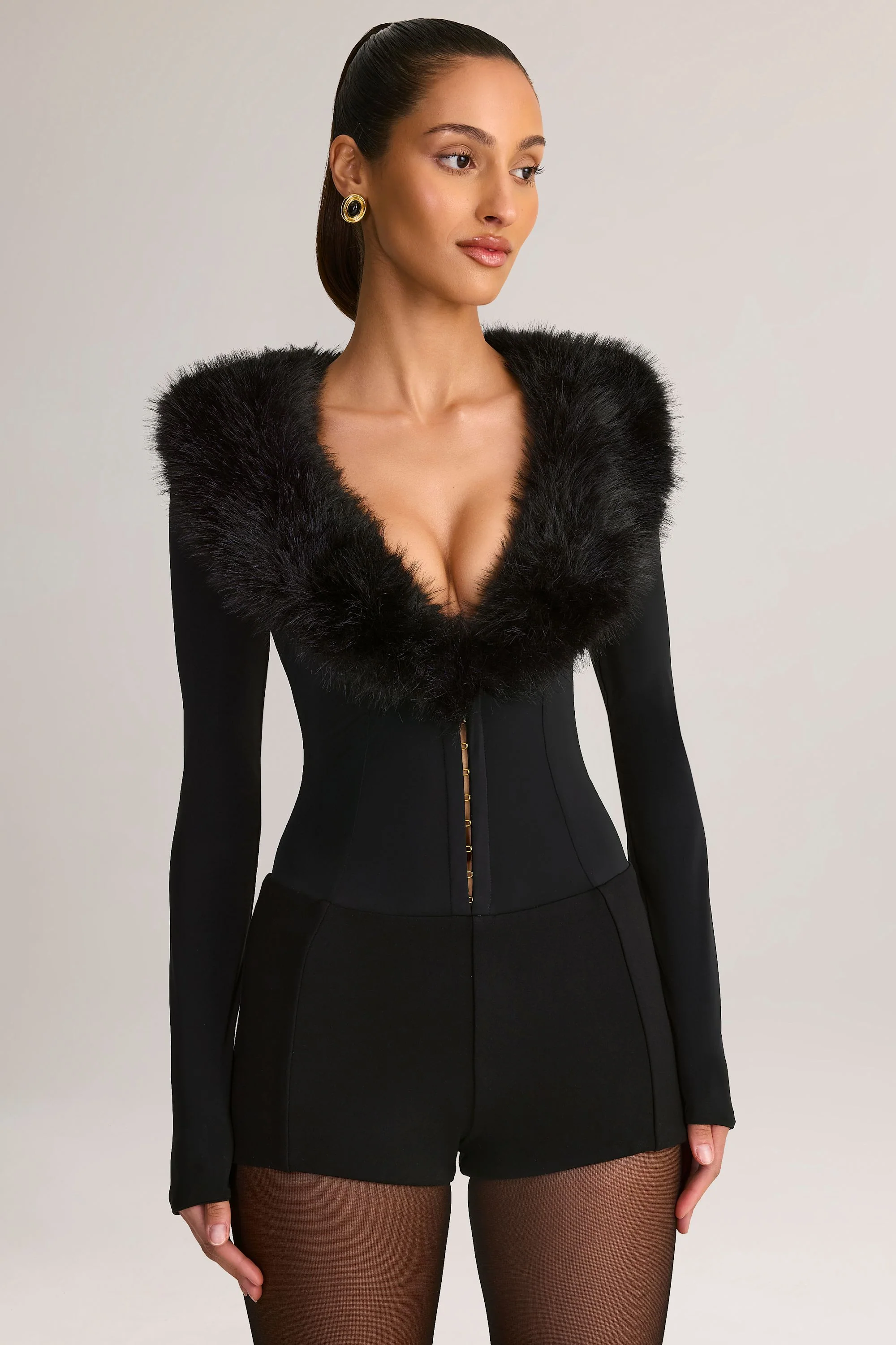 Faux Fur-Trim Corset Playsuit in Black - Image 6