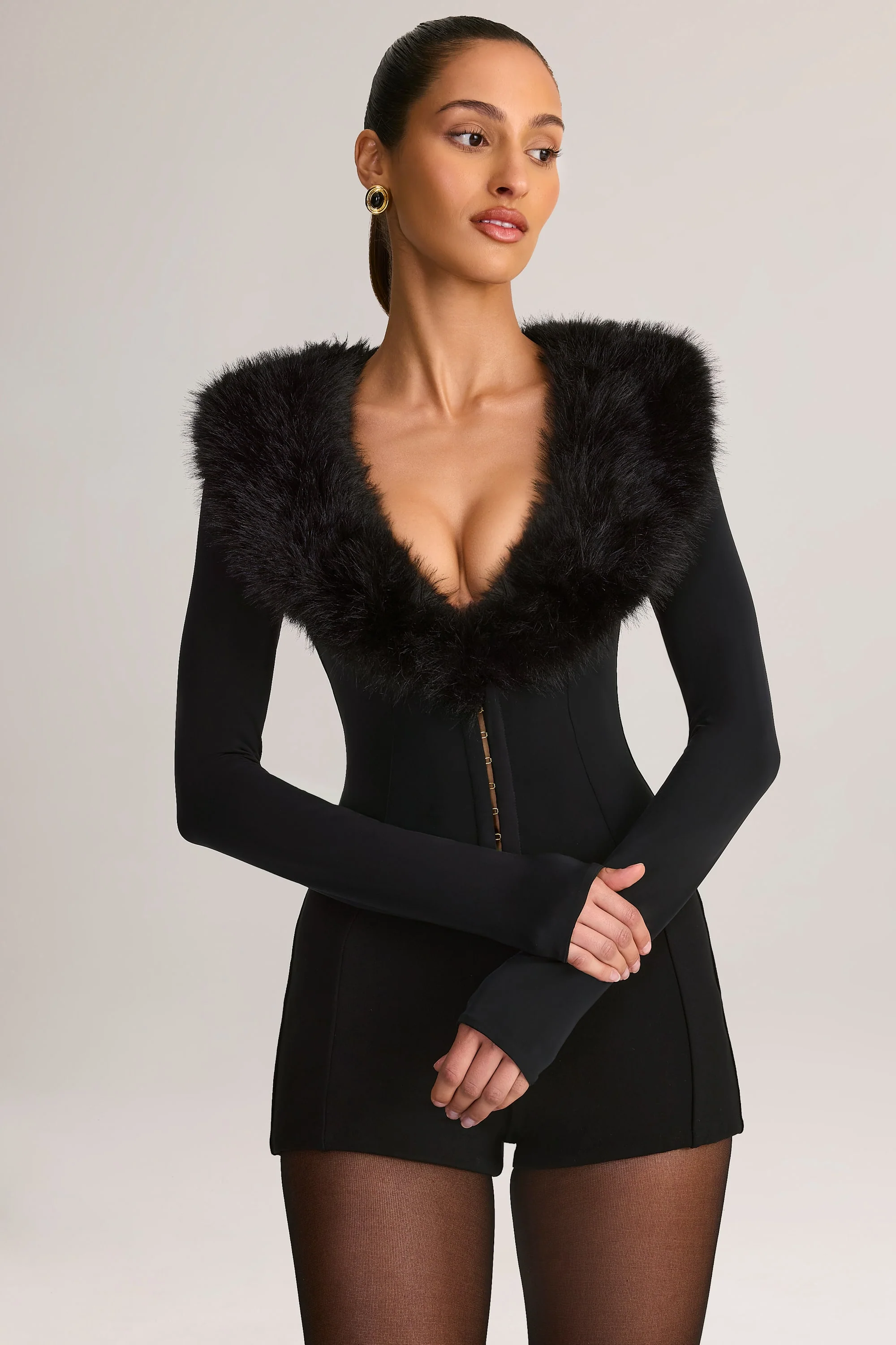 Faux Fur-Trim Corset Playsuit in Black - Image 7