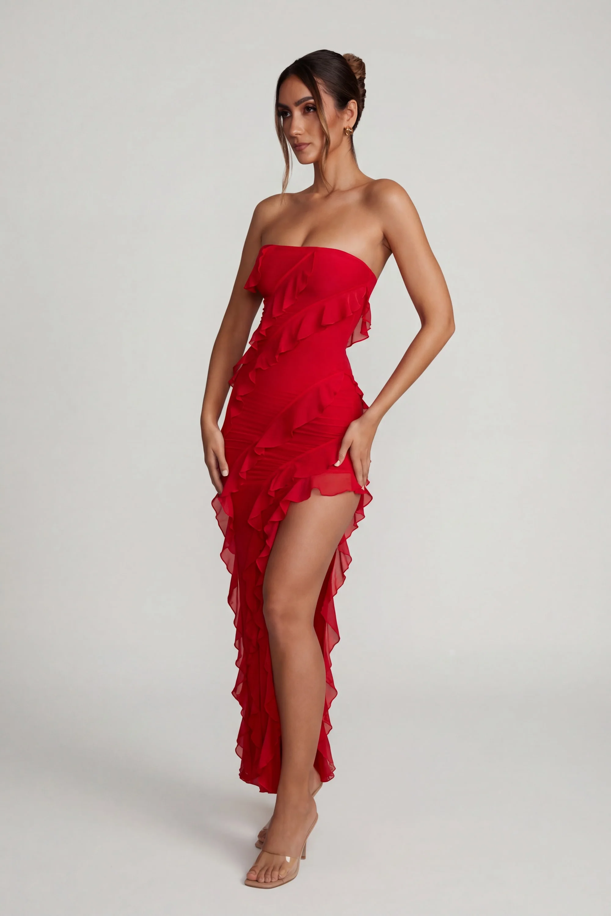 Bandeau Ruffle Detail Maxi Dress in Red - Image 6