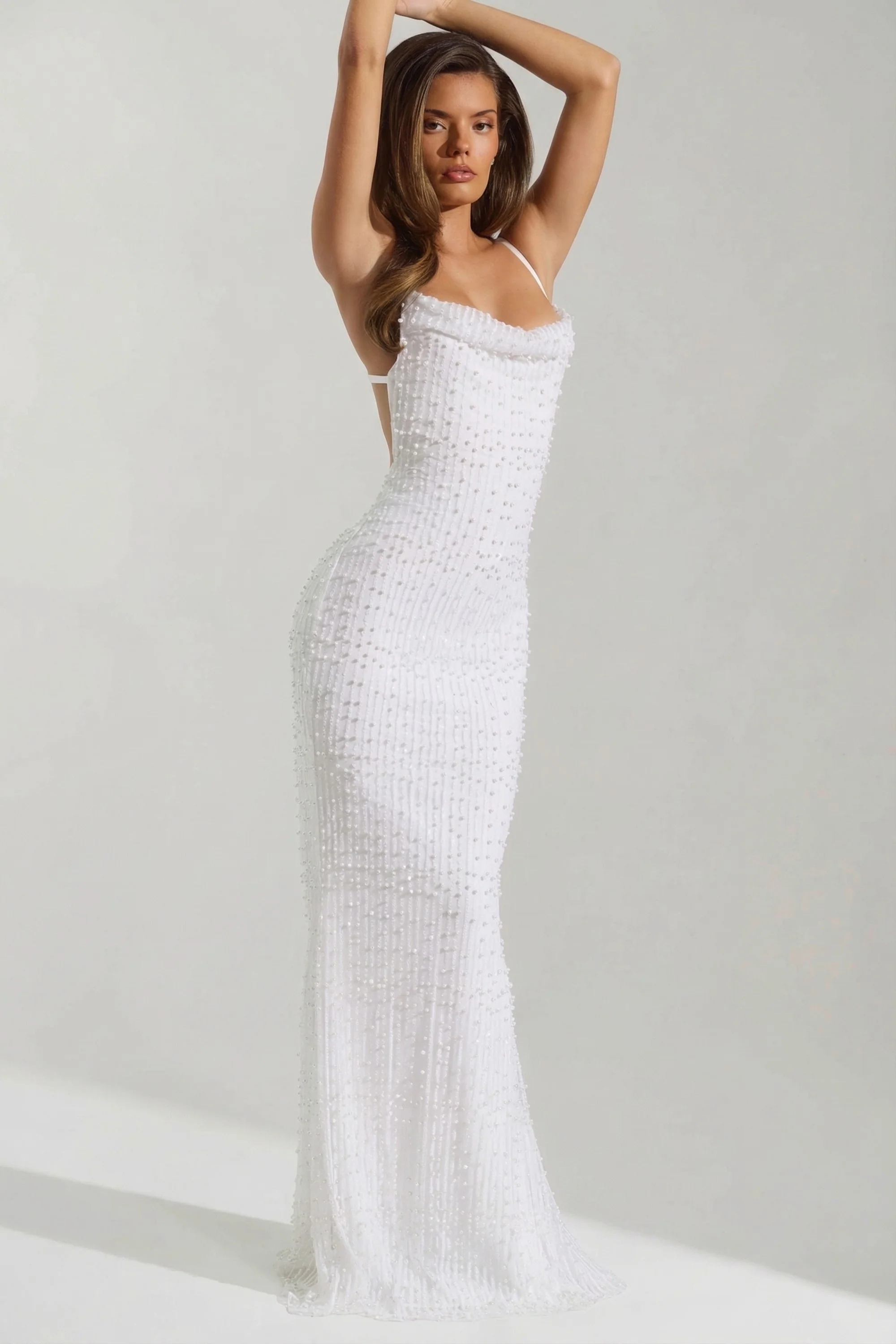 Embellished Cowl-Neck Backless Maxi Dress in White - Image 5