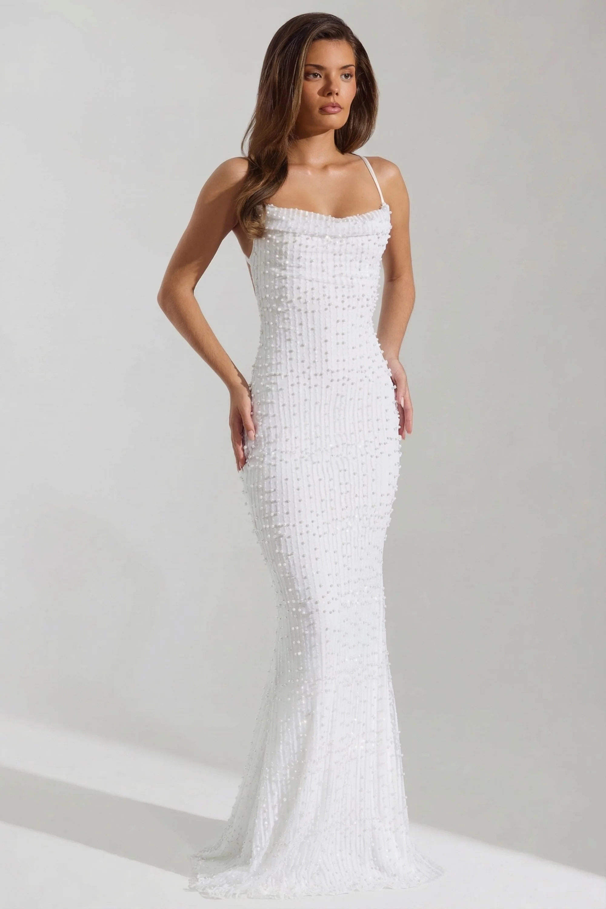 Embellished Cowl-Neck Backless Maxi Dress in White - Image 6