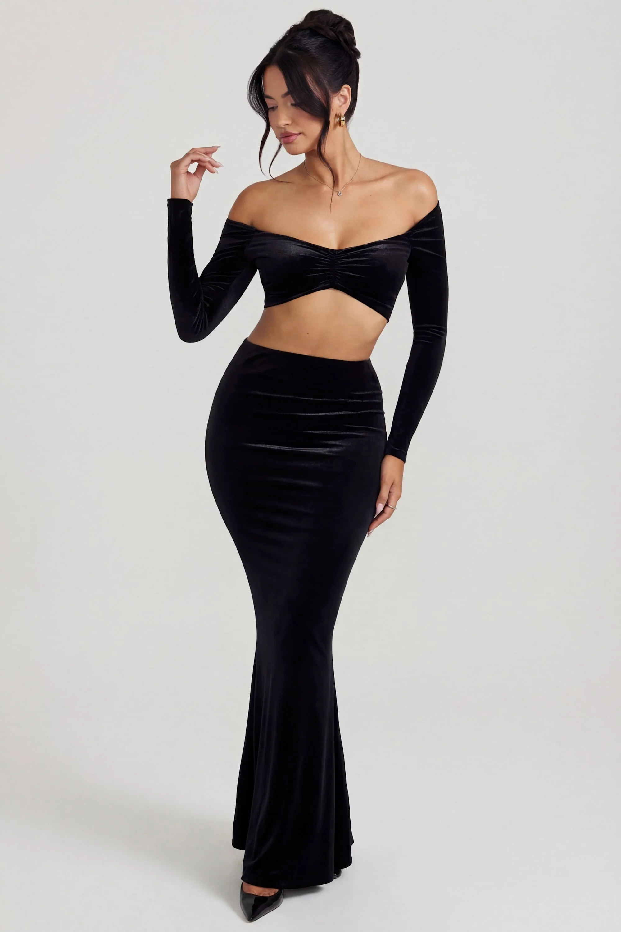 Velvet Mid-Rise Maxi Skirt in Jet Black - Image 5