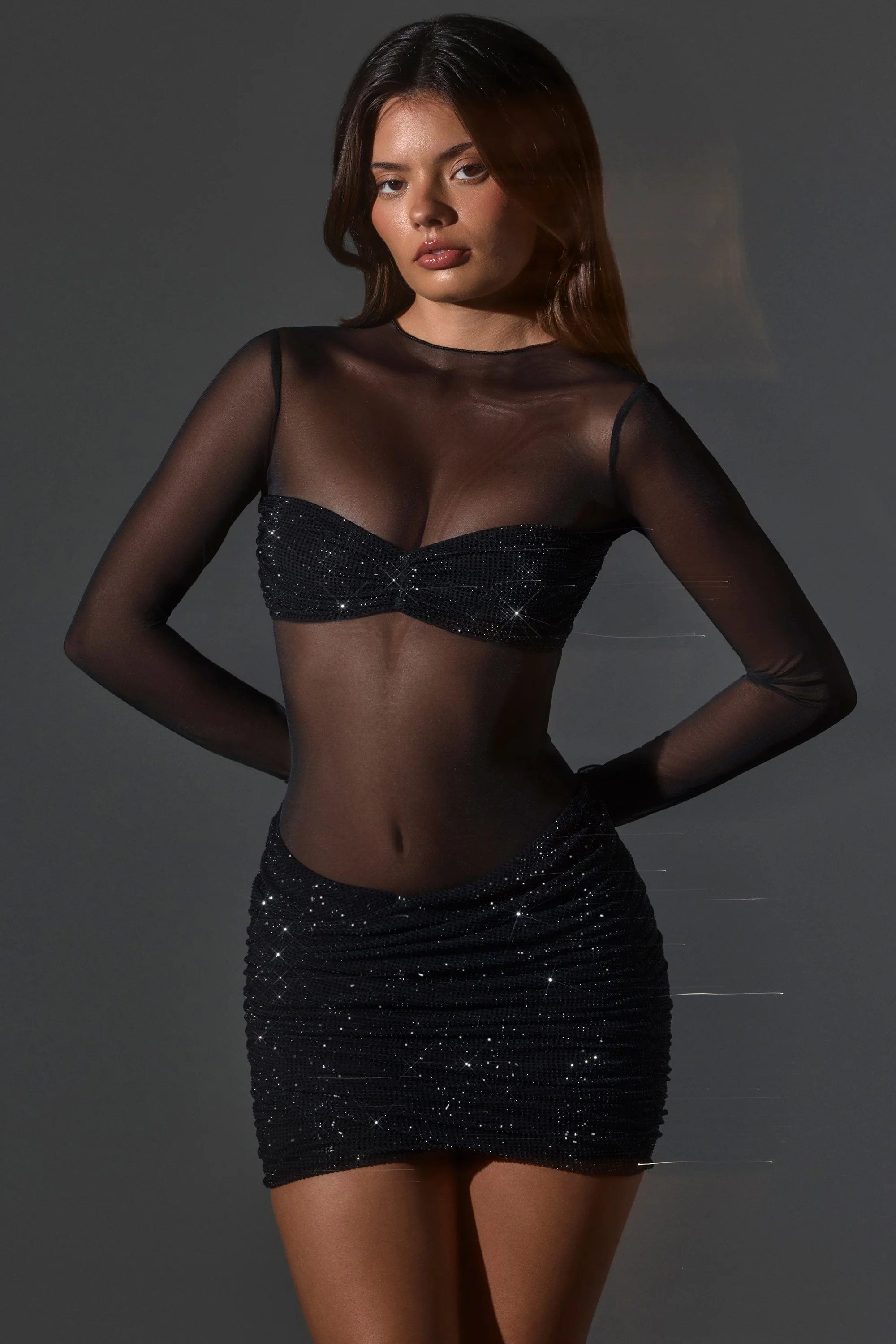 Sheer Embellished High-Neck Long Sleeve Mini Dress in Black - Image 7