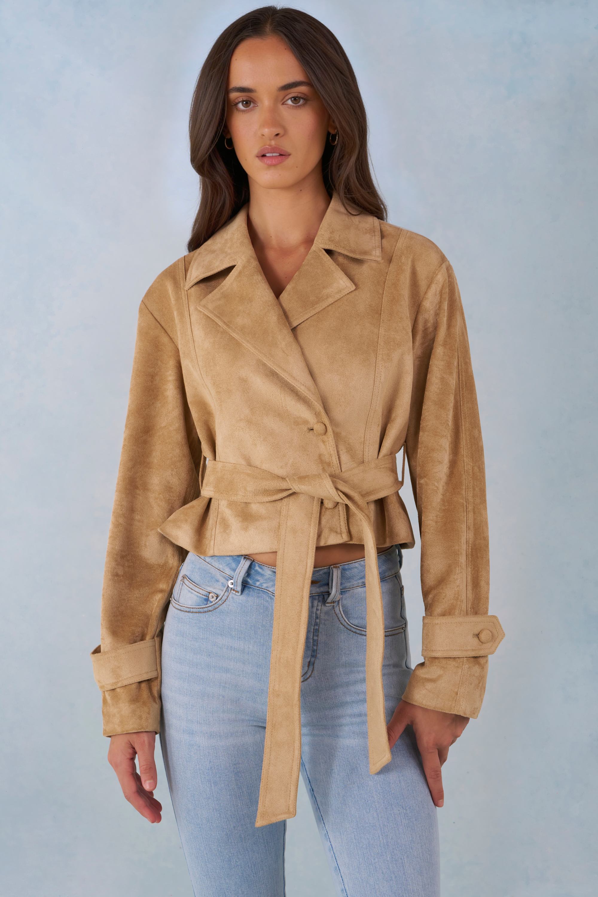 Faux Suede Cropped Belted Jacket in Tan - Image 10