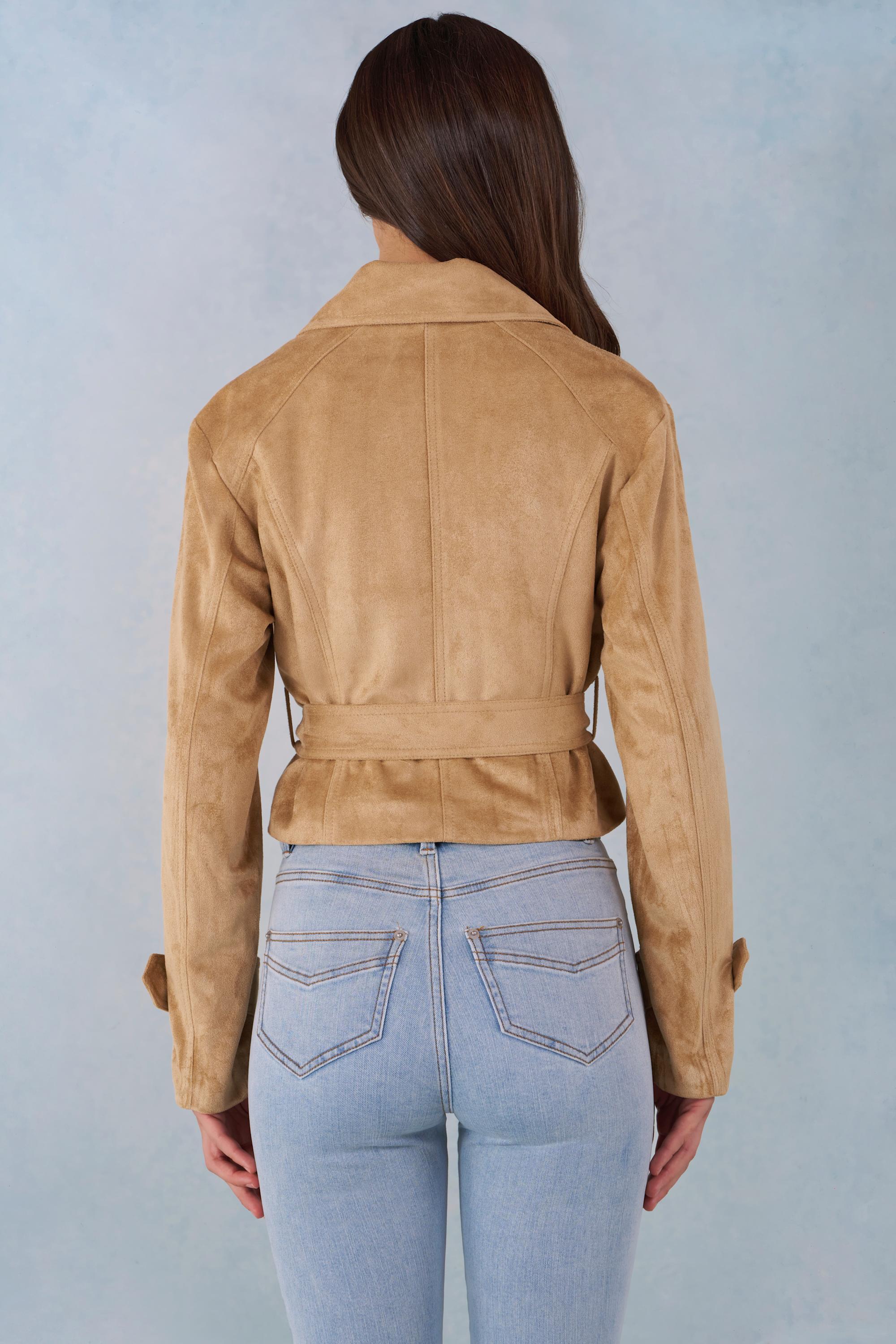 Faux Suede Cropped Belted Jacket in Tan - Image 3