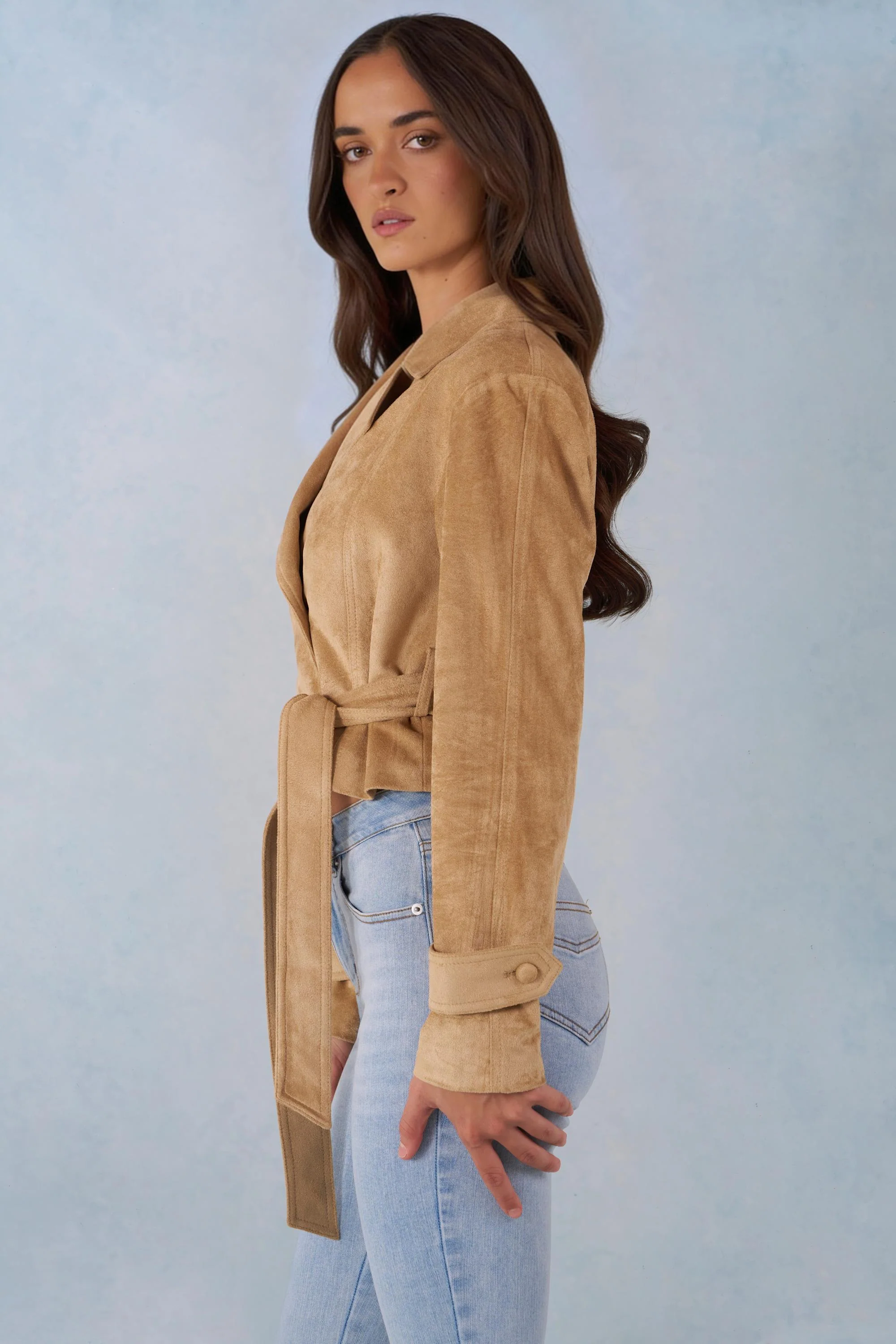 Faux Suede Cropped Belted Jacket in Tan - Image 4