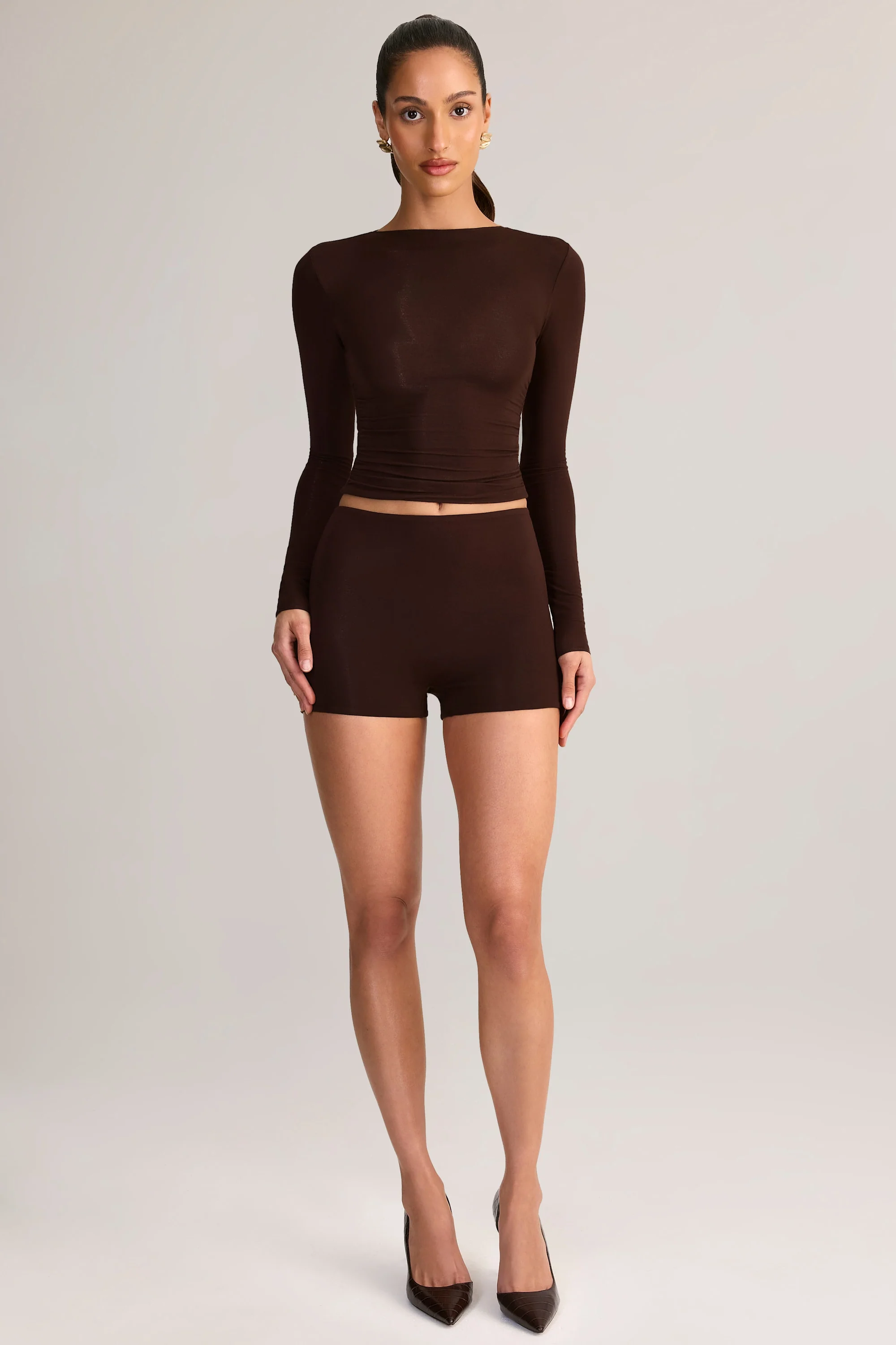 Modal High-Rise Bodycon Mini Shorts in Chocolate Brown - Image 6