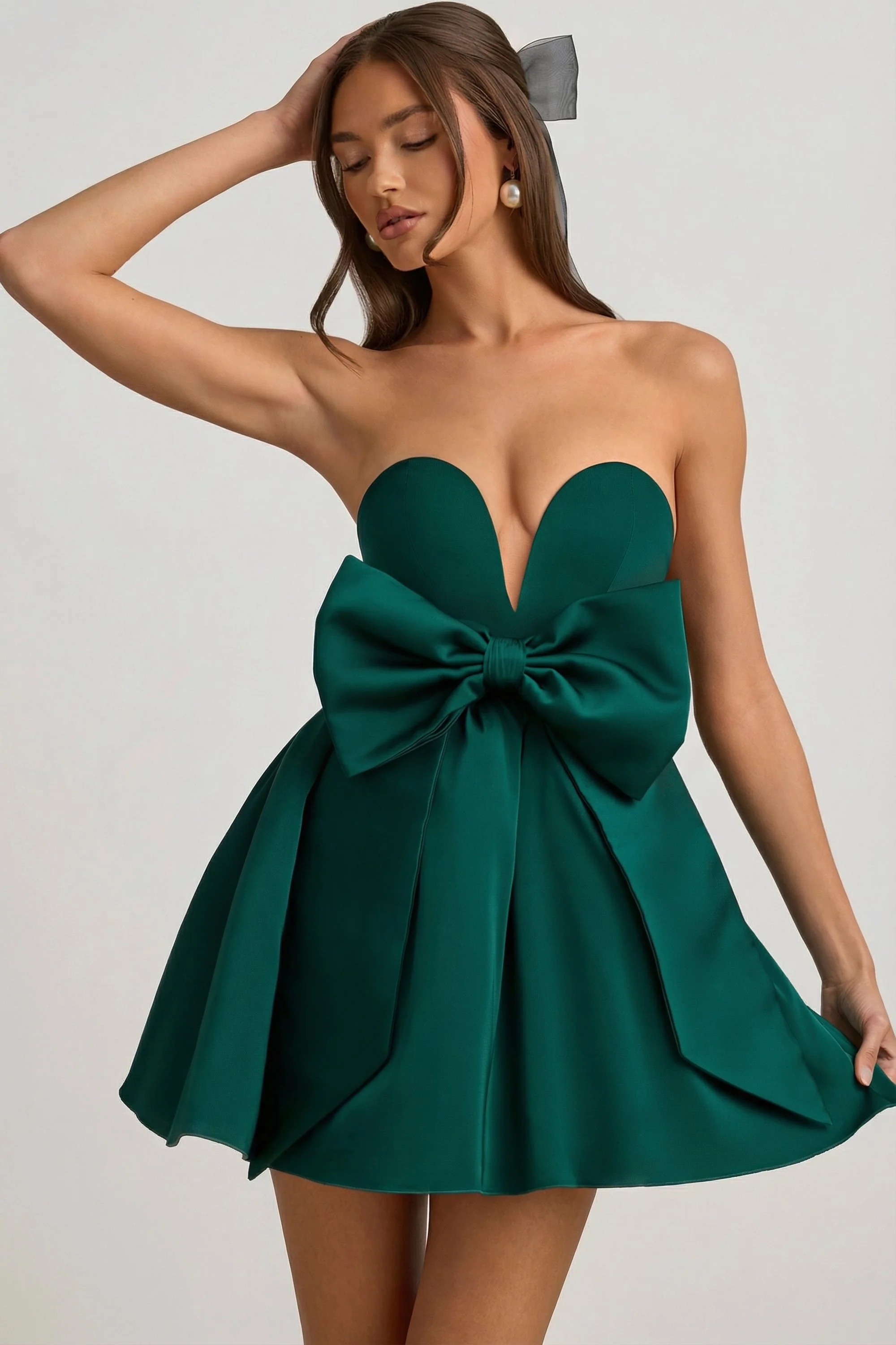 Bow-Detail Corset Mini Dress in Emerald Green - Image 8