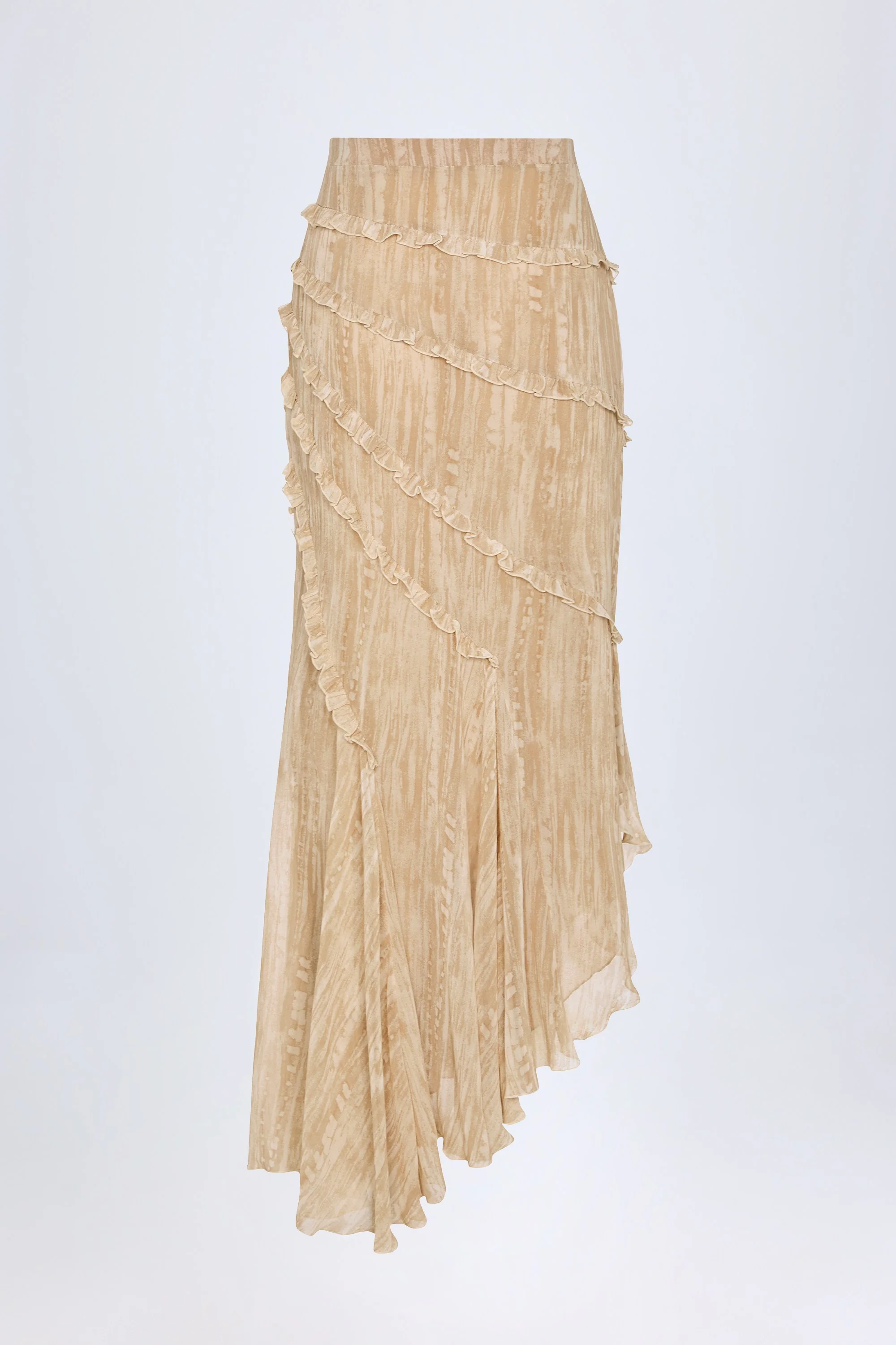 Ruffled Asymmetric Mid-Rise Maxi Skirt in Tan Print - Image 6