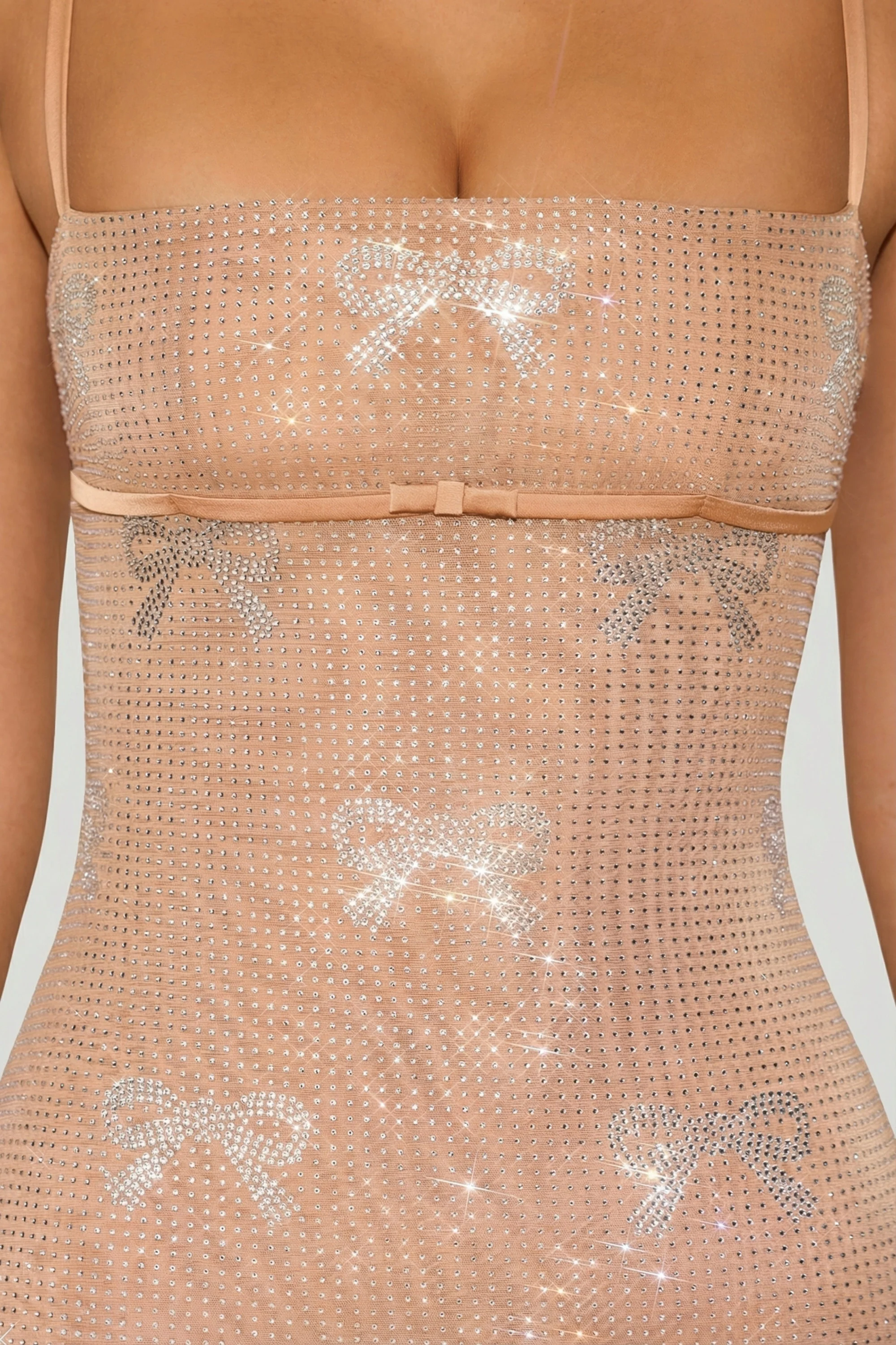 Embellished Bow-Detail Mini Dress in Almond - Image 7