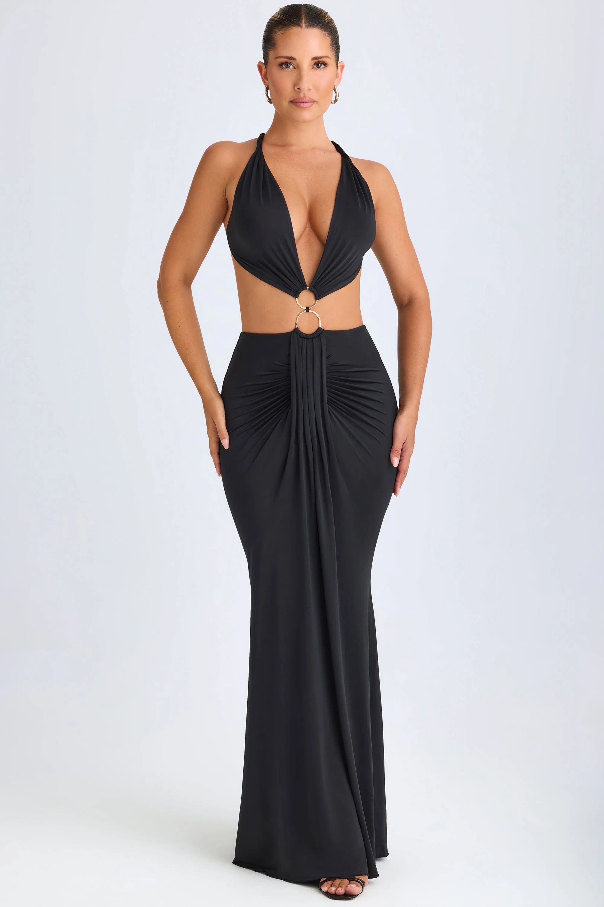Hardware Detail Cut-Out Halterneck Maxi Dress in Black - Image 8