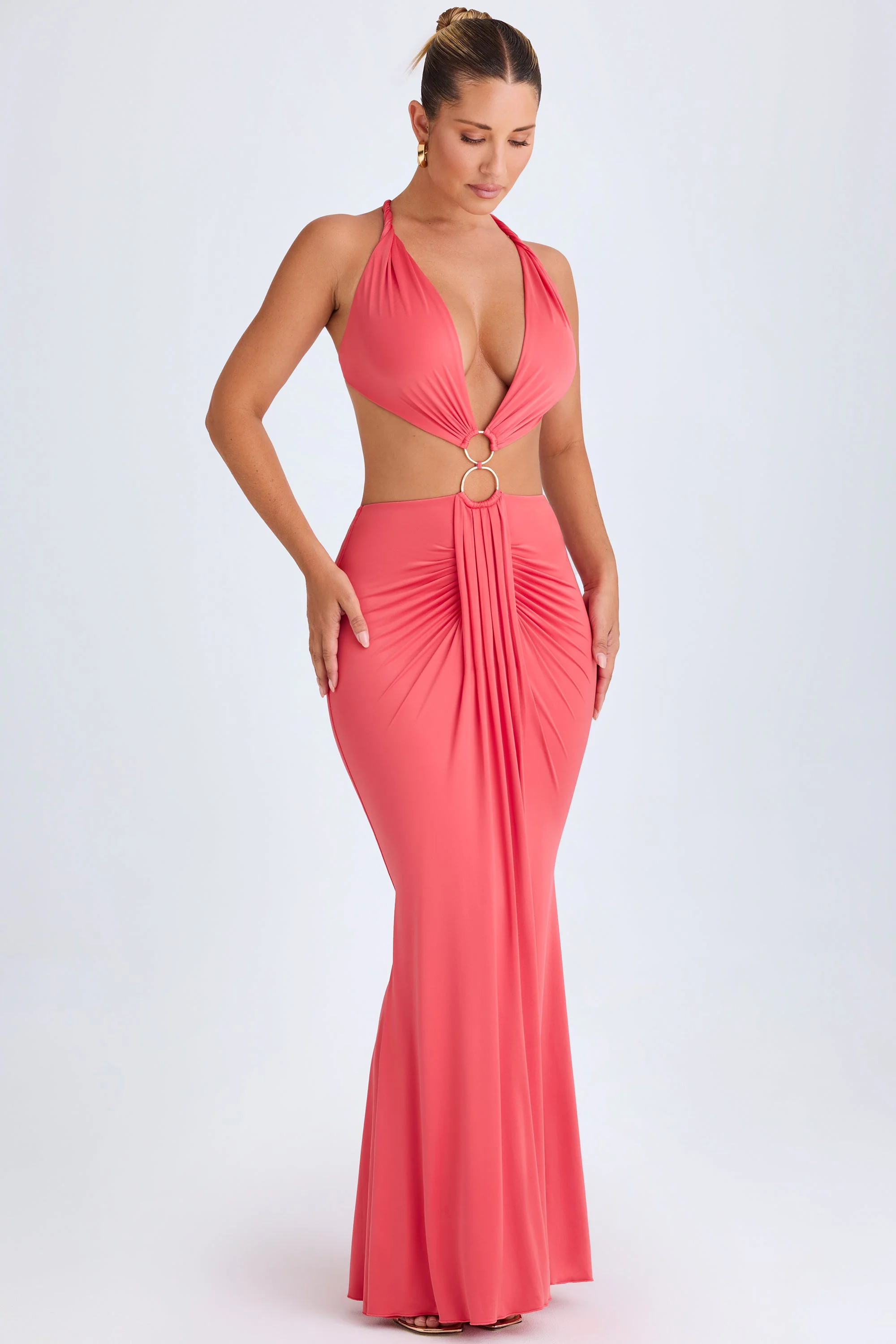Hardware Detail Cut-Out Halterneck Maxi Dress in Coral - Image 4