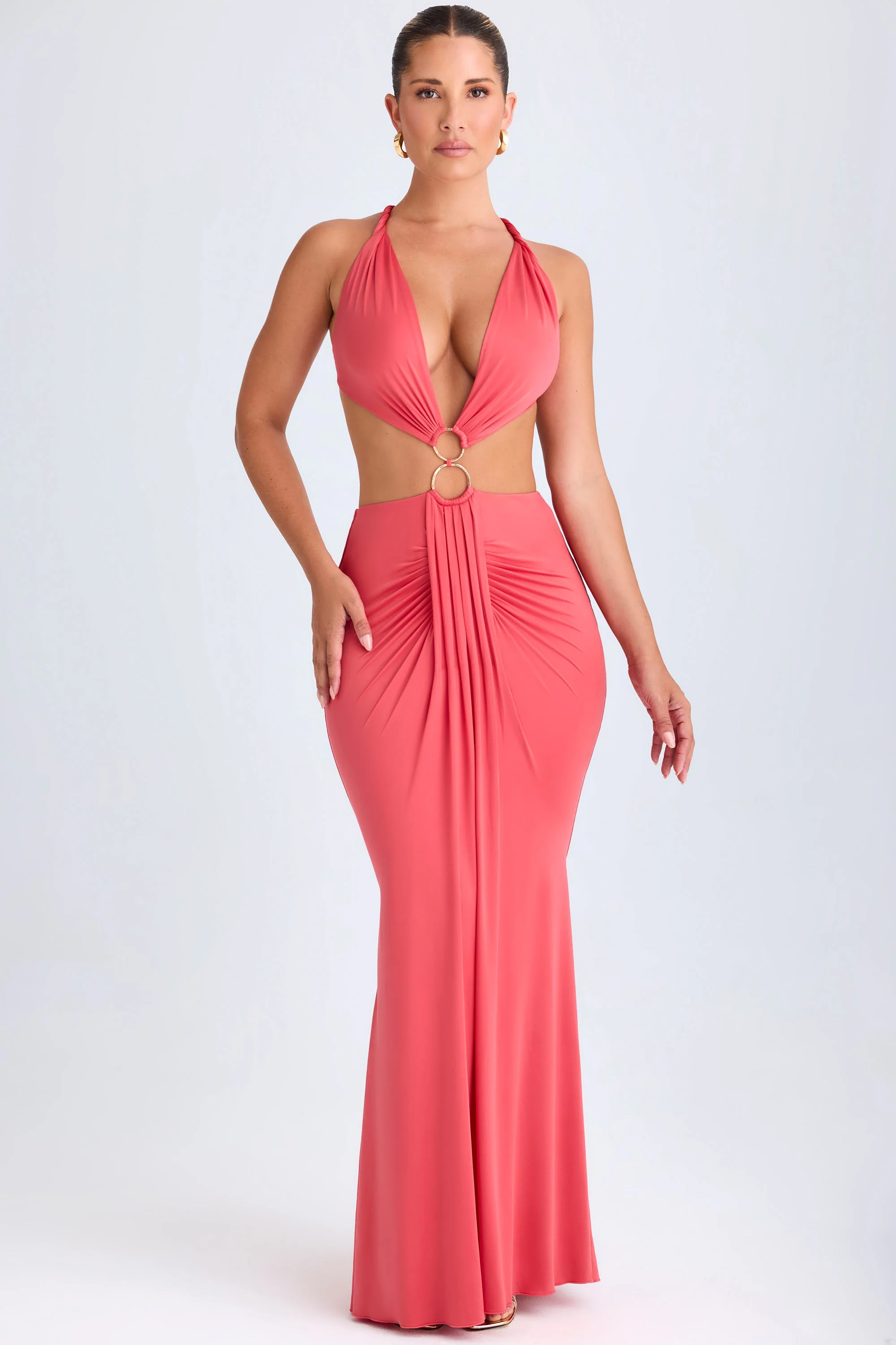 Hardware Detail Cut-Out Halterneck Maxi Dress in Coral - Image 7