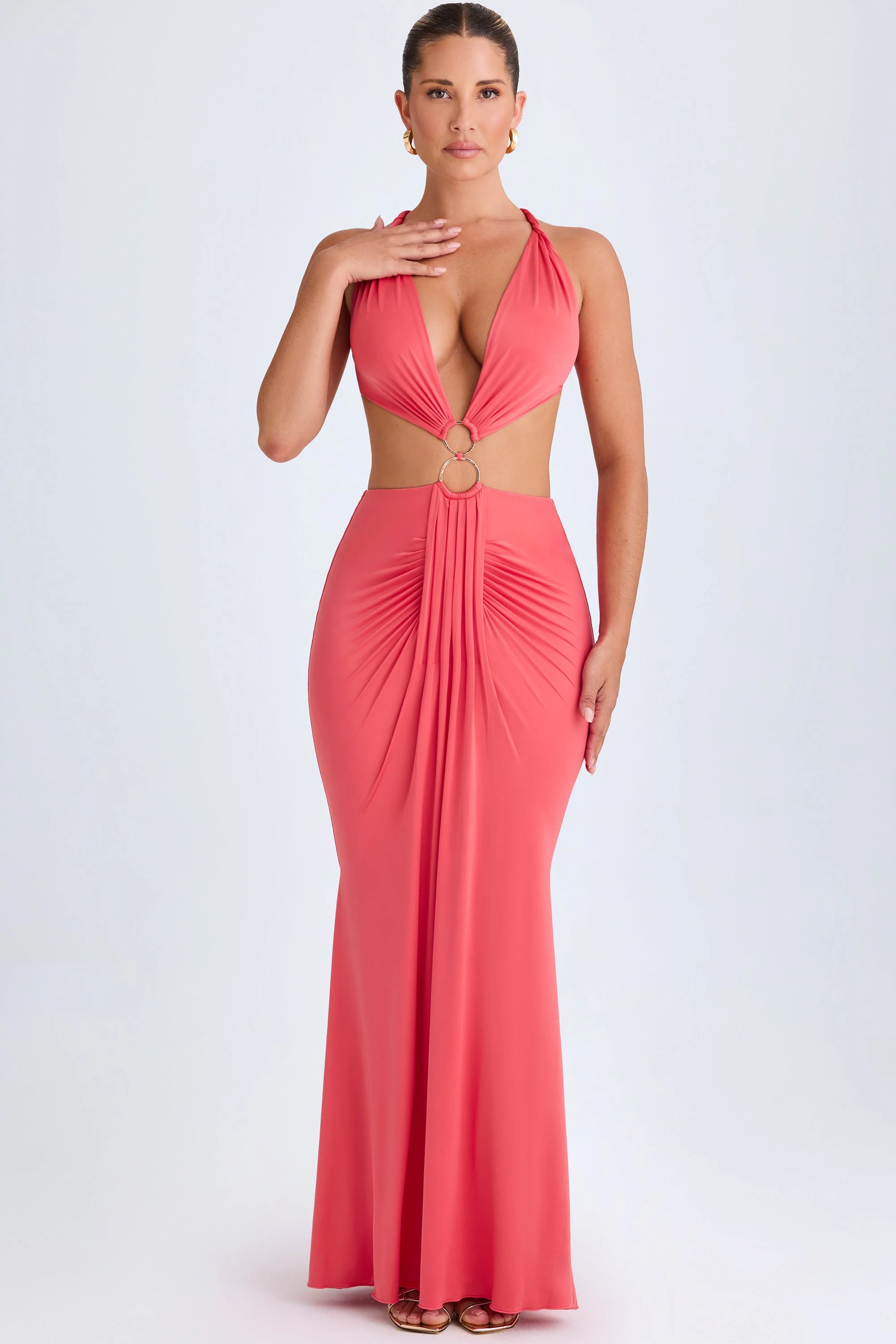 Hardware Detail Cut-Out Halterneck Maxi Dress in Coral - Image 8