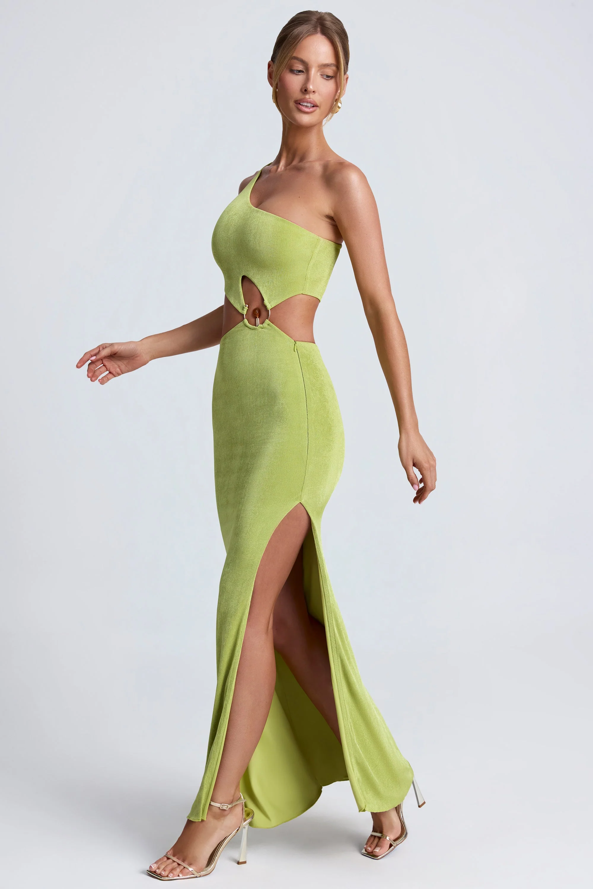 Hardware Detail One-Shoulder Maxi Dress in Olive Green - Image 3