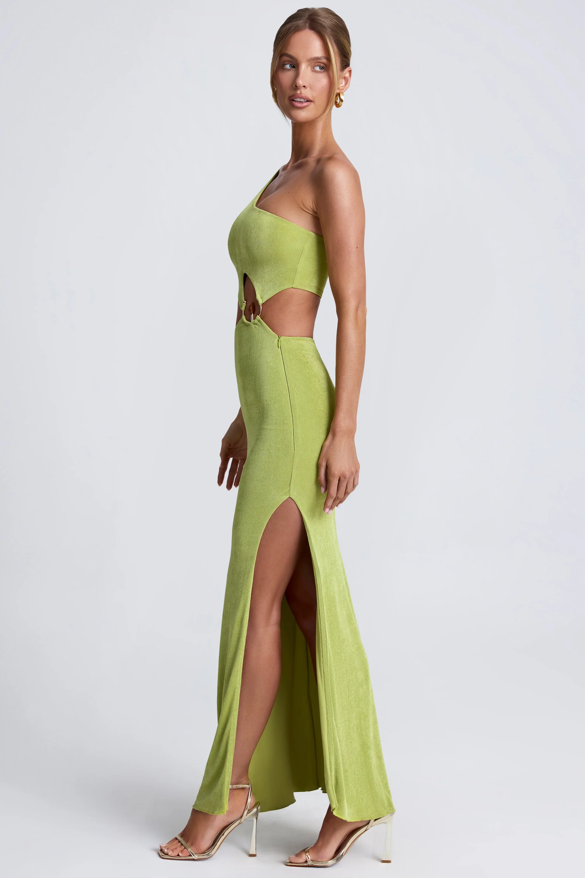 Hardware Detail One-Shoulder Maxi Dress in Olive Green - Image 6