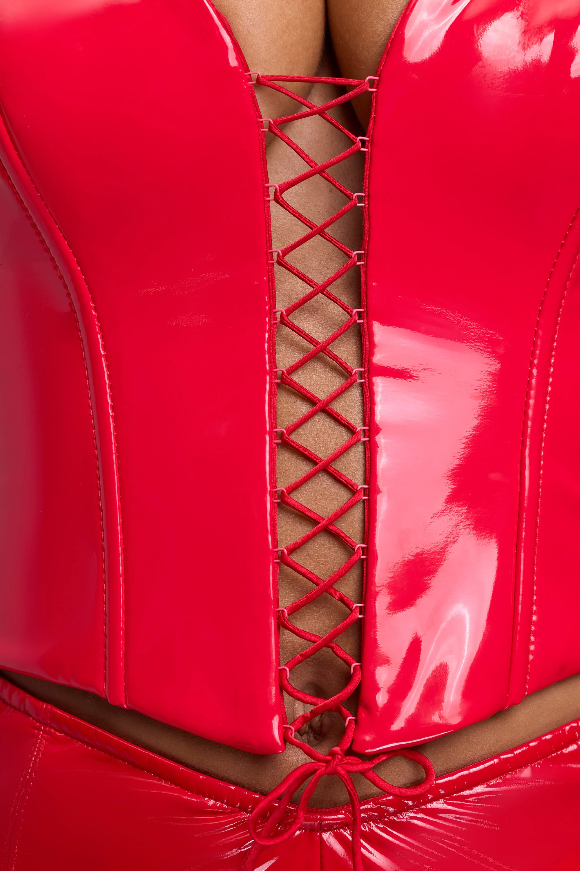 Vinyl Halter Neck Lace Up Corset Crop Top in Fire Red - Image 5