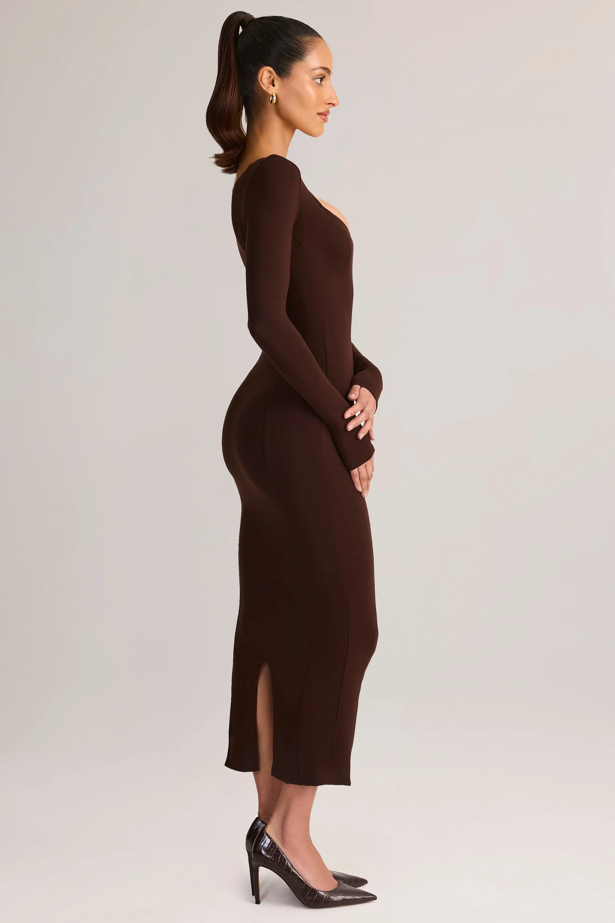 Modal Peekaboo Long-Sleeve Midi Dress in Chocolate Brown - Image 4