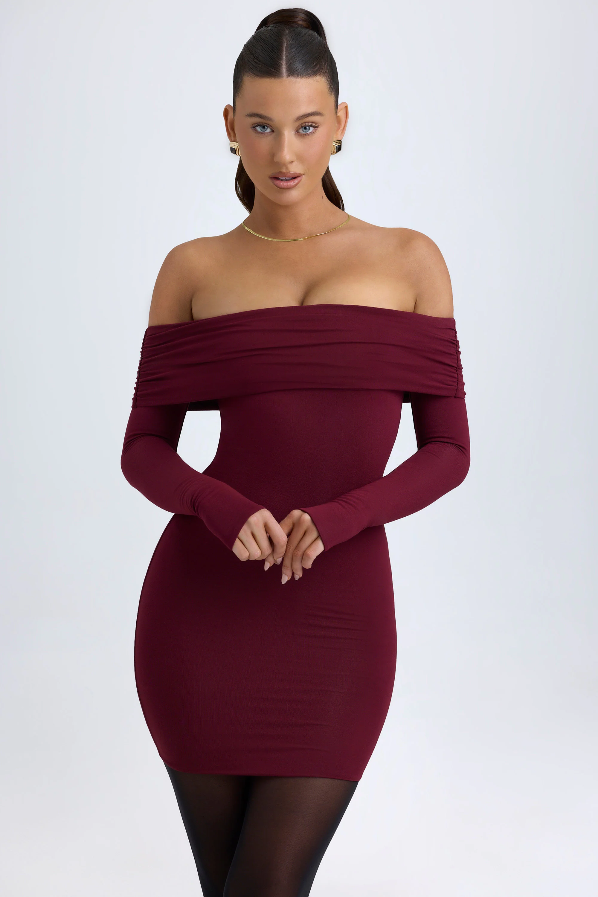 Modal Off-Shoulder Mini Dress in Wine Red - Image 14