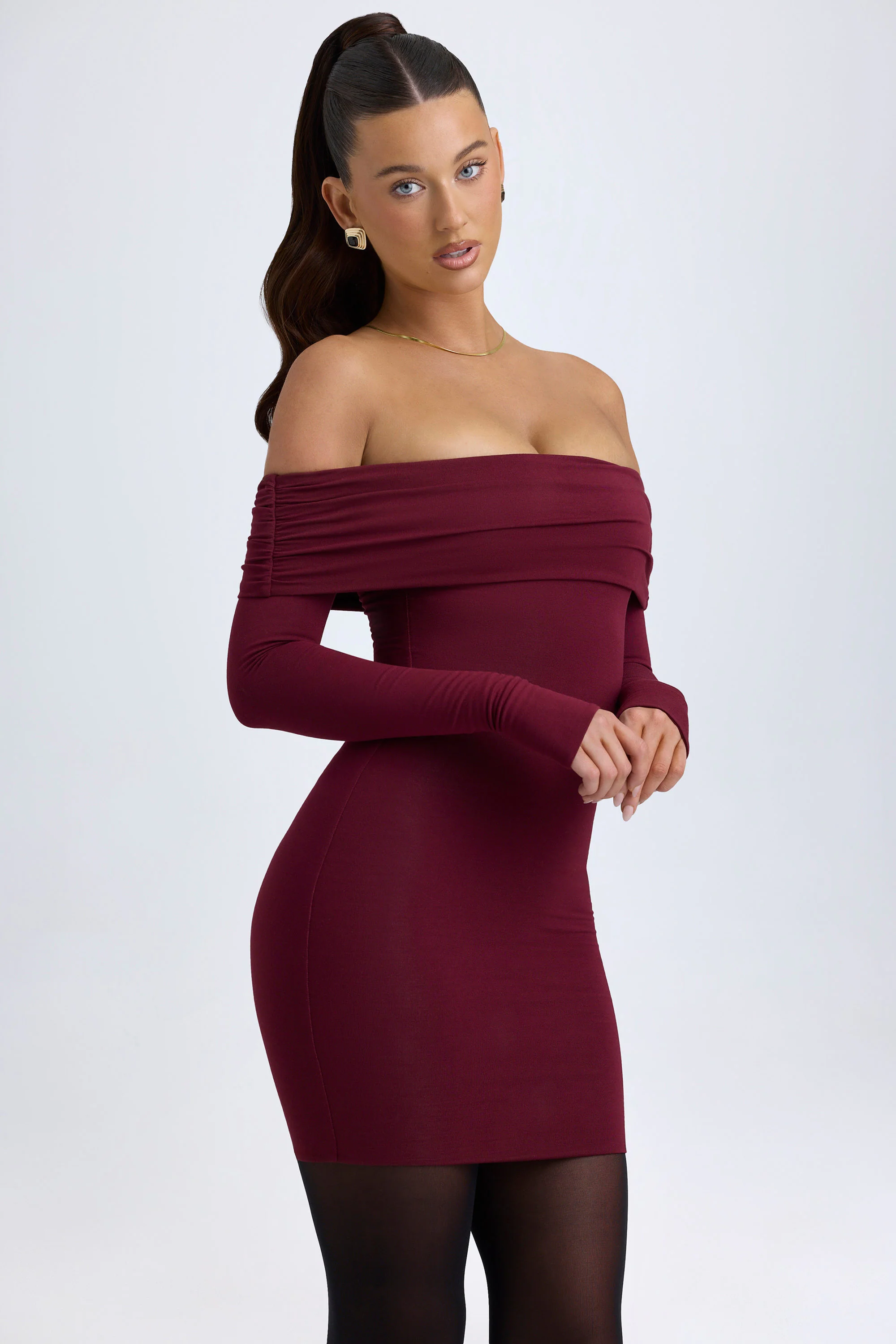 Modal Off-Shoulder Mini Dress in Wine Red - Image 15
