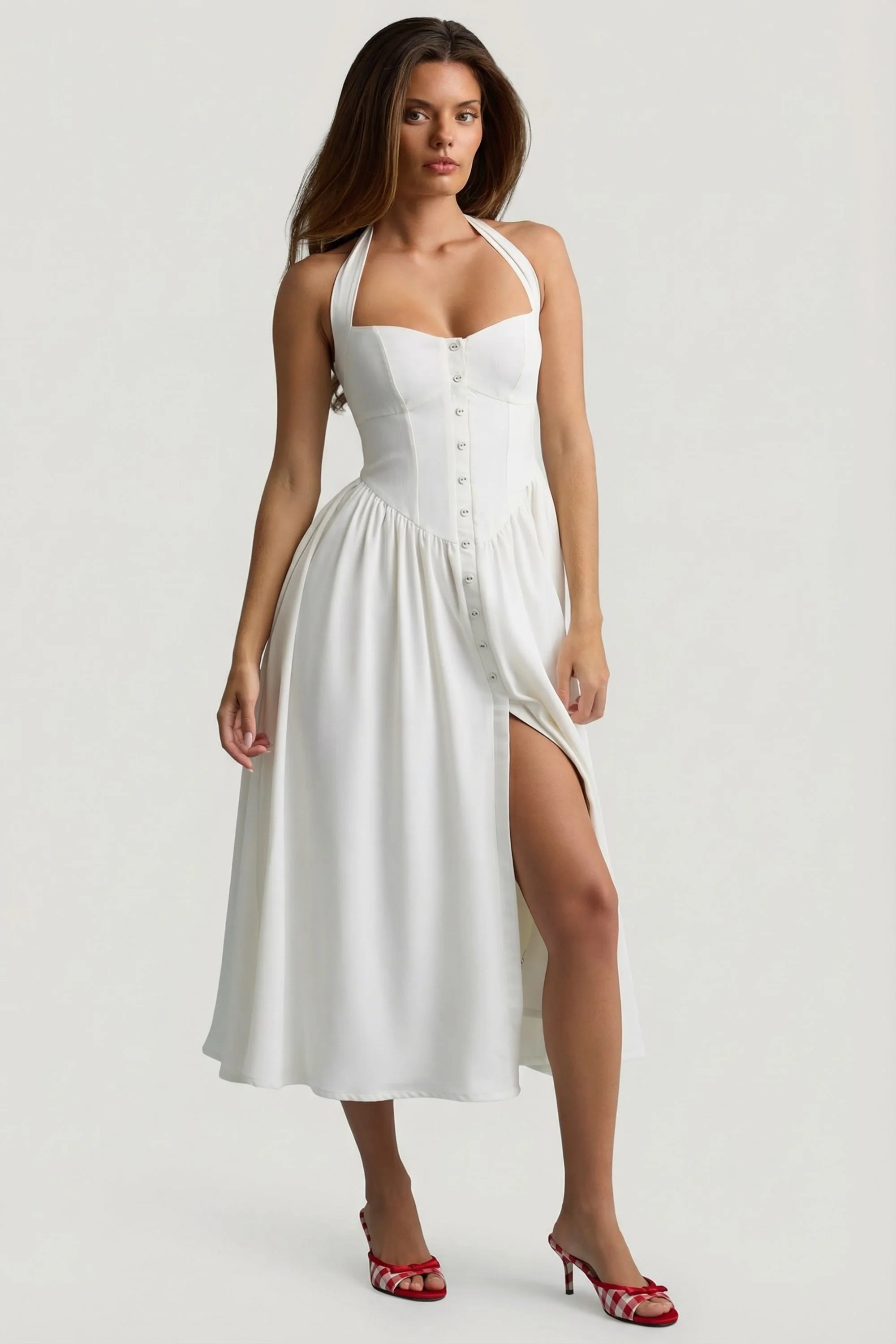 Button-Detail Halterneck Midaxi Dress in White - Image 8