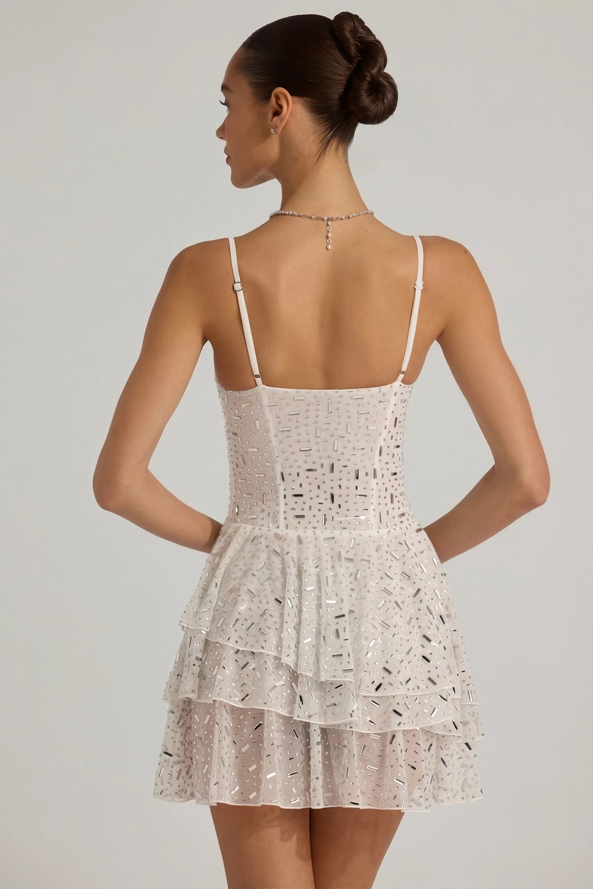 Embellished Ruffled Tiered Mini Dress in White - Image 2