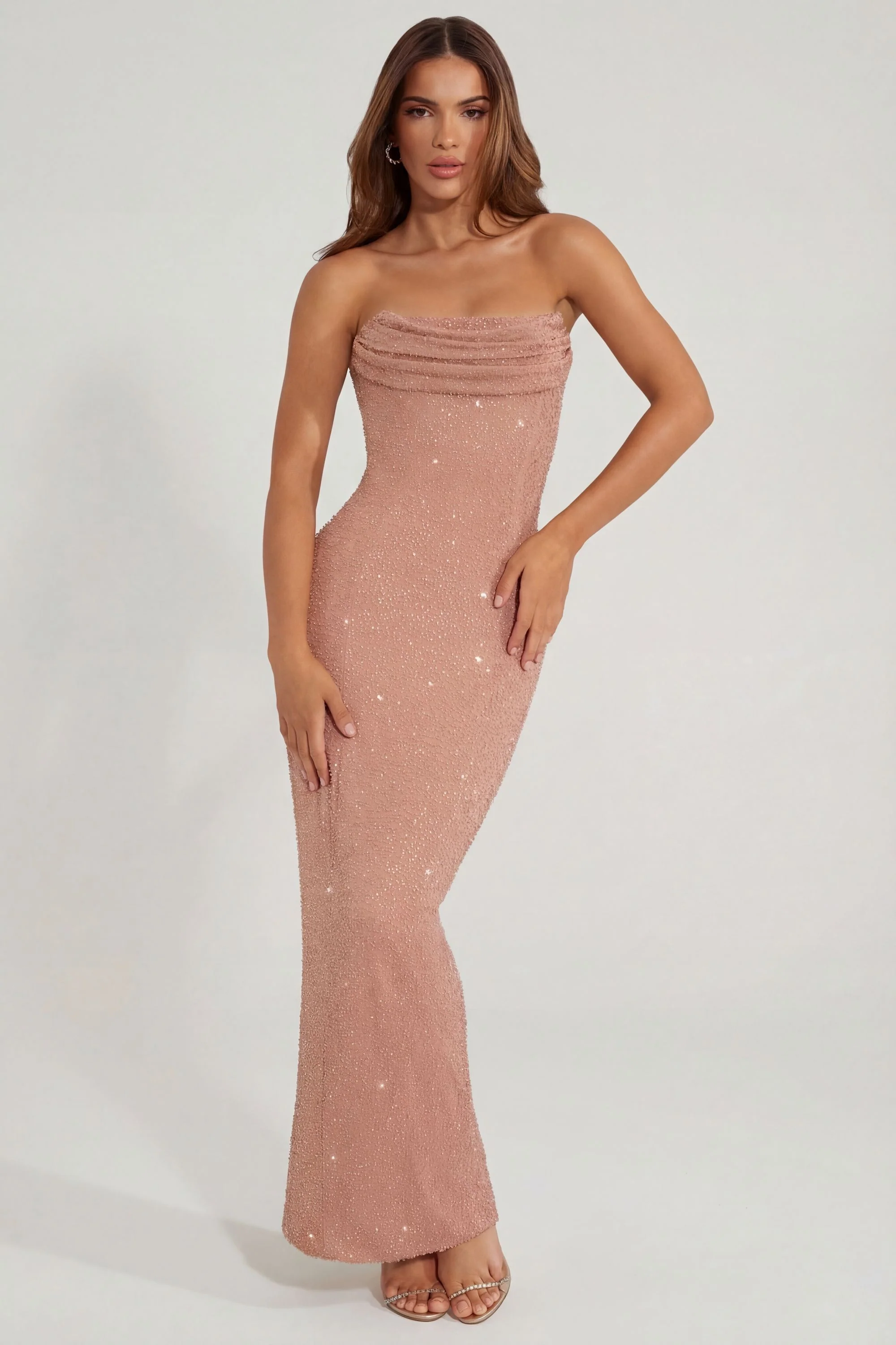 Embellished Bandeau Cowl Neck Maxi Dress in Beige - Image 8